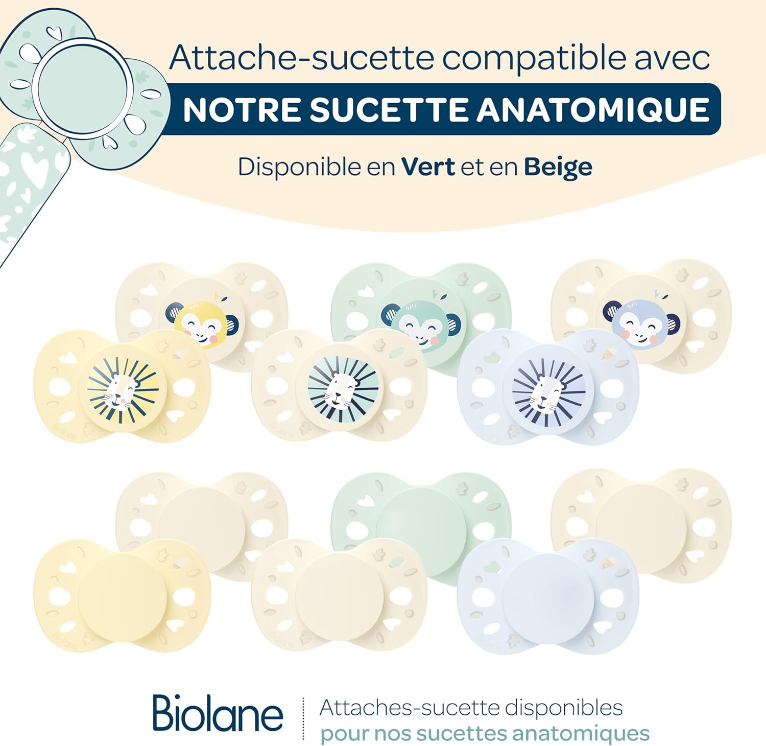 Thumbnail 5 de BIOLANE tétines anatomiques réversibles extra-fines animaux (6 à 18 mois) vert et beige