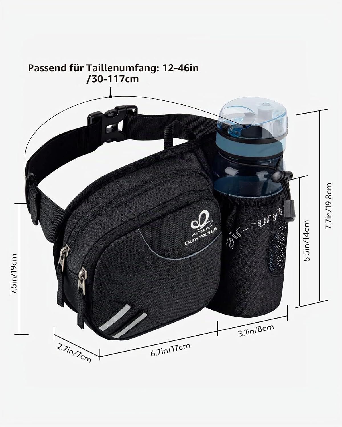 Detalle de Waterfly Gürteltasche Bauchtasche mit Flaschenhalter (atmungsaktiv, wasserdicht) für Damen und Herren