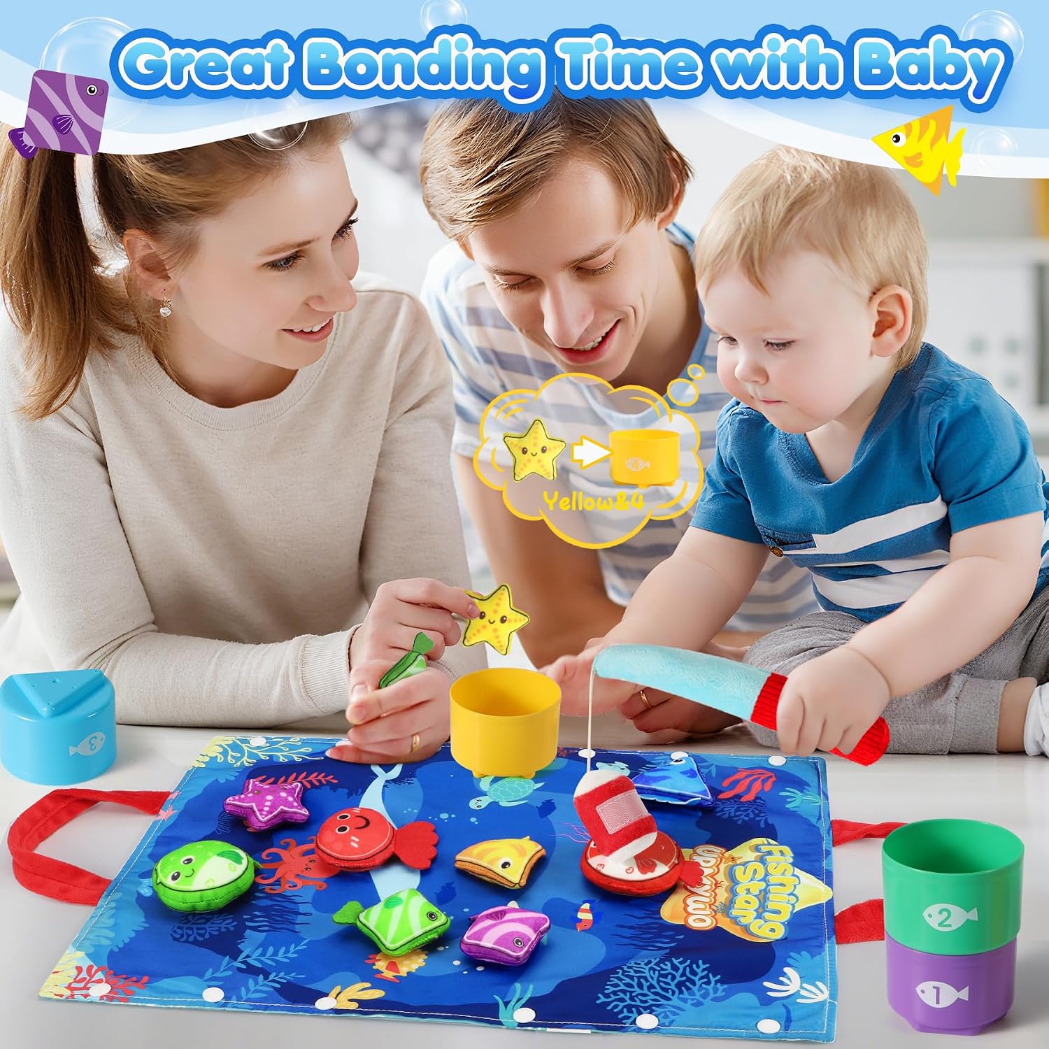 Detalle 2 de 17-Piece Montessori Fishing Game for 1-Year-Olds (Cloth Fishing Pole, Stacking Cups, Shape & Color Matching)