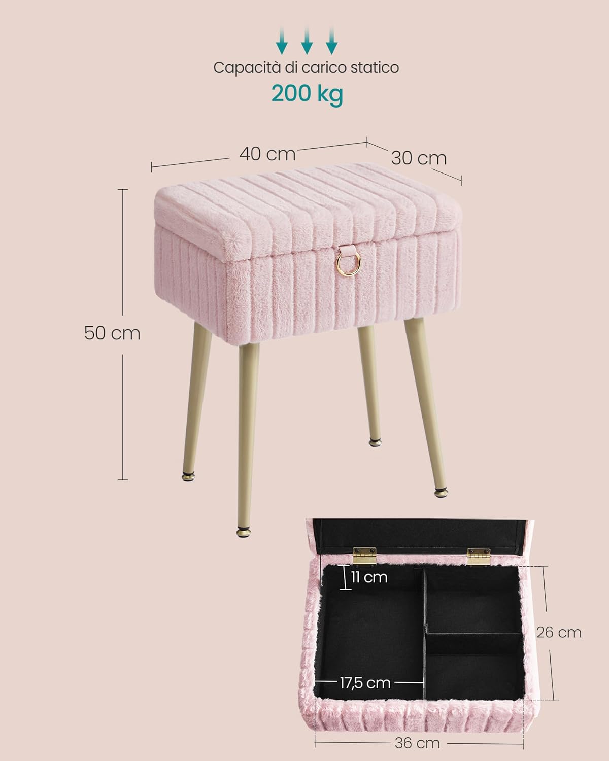 Thumbnail 1 de SONGMICS Sgabello da trucco con contenitore LOM505SZ02 - Rosa Pastello