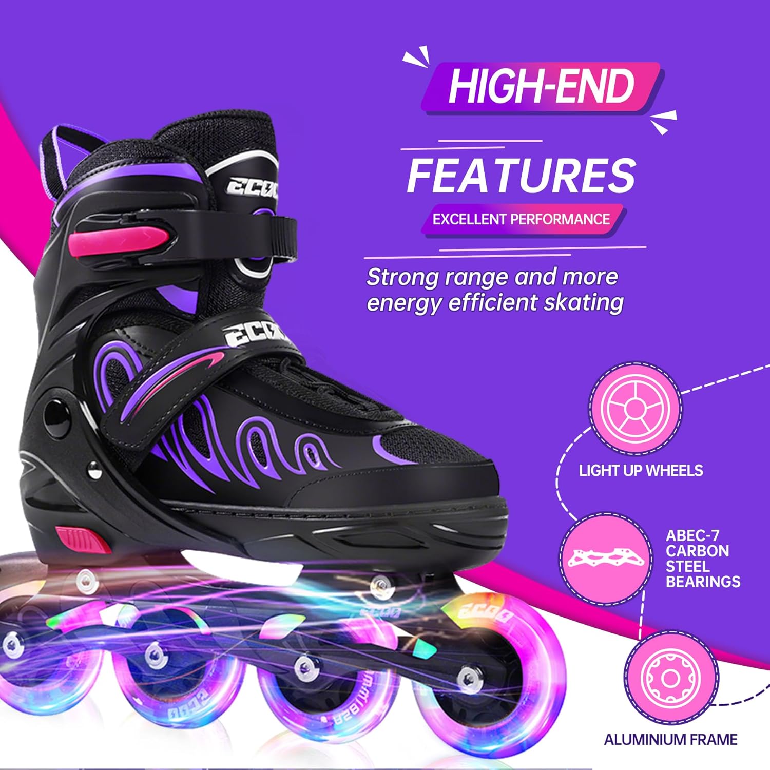 Thumbnail 3 de ECOO Inline Skates for Kids: Adjustable 4-Size Fit with Light-Up Wheels