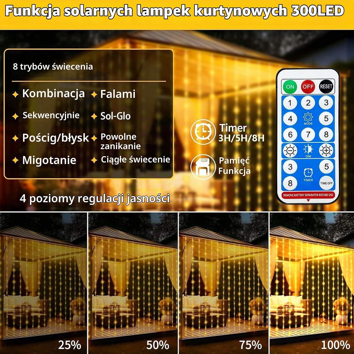 Detalle 2 de Joycome solarna kurtyna świetlna 3 × 3 m, 300 LED, pilot, 8 trybów