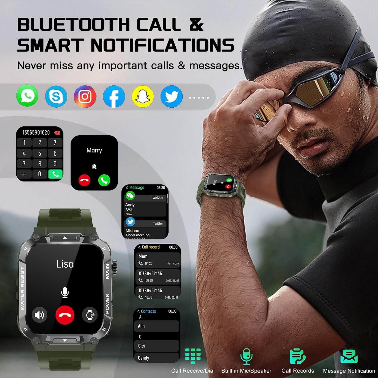 Detalle 2 de Military Smart Watch for Men (1.96-inch) in Military Green with Call, Fitness, Blood Oxygen & Sleep