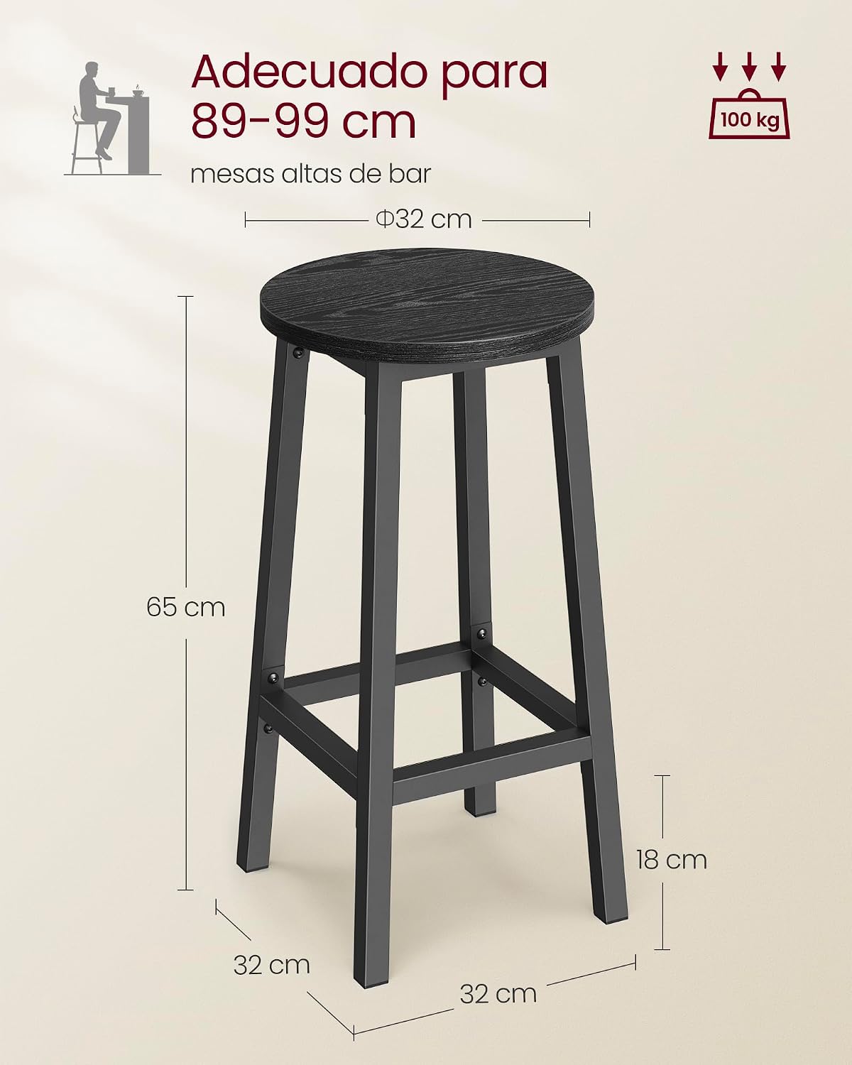 Detalle de VASAGLE LBC032B56 Taburete de bar 65 cm