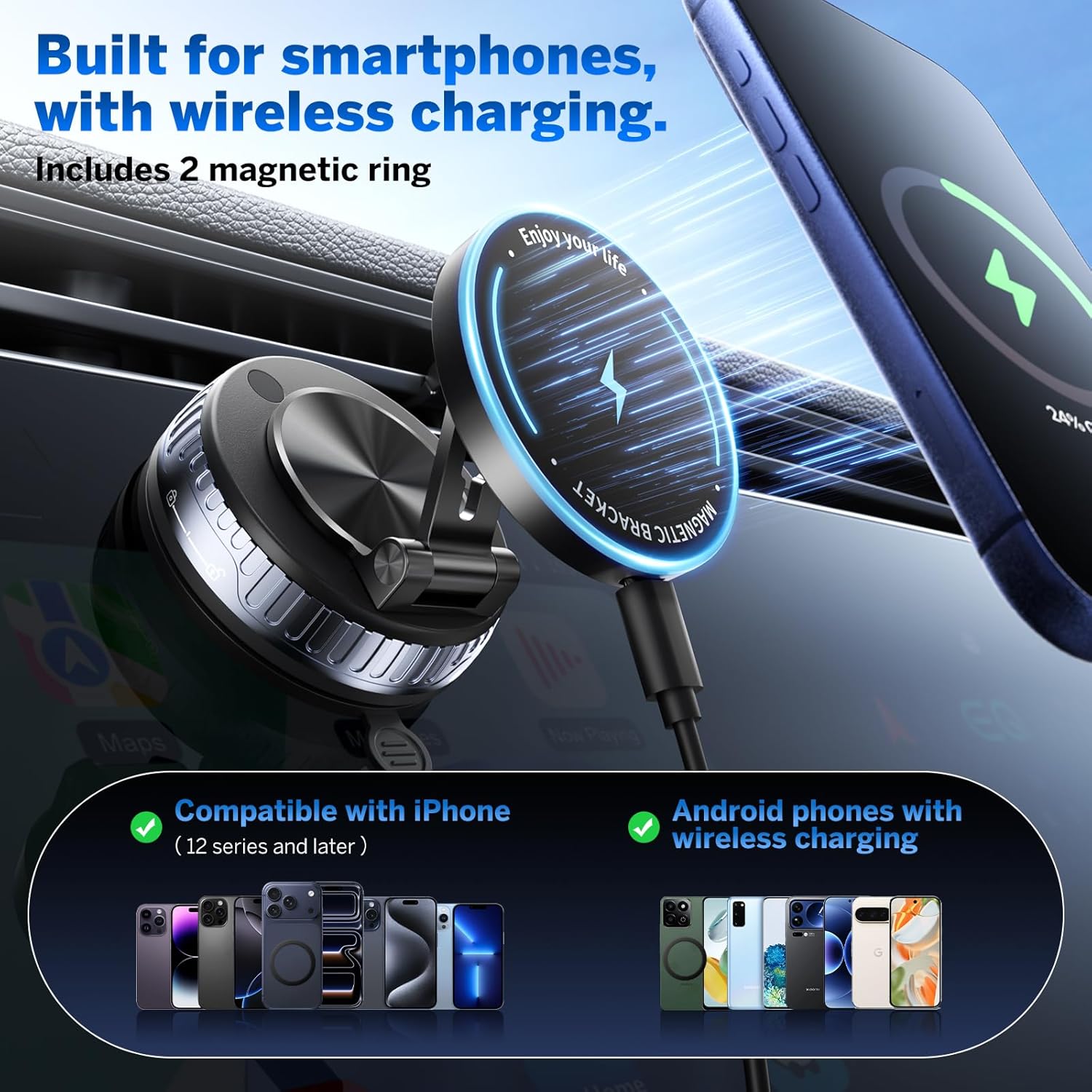 Detalle de VMKLY MagSafe Car Mount Charger with Vacuum Suction — 15W Wireless Phone Holder for Car