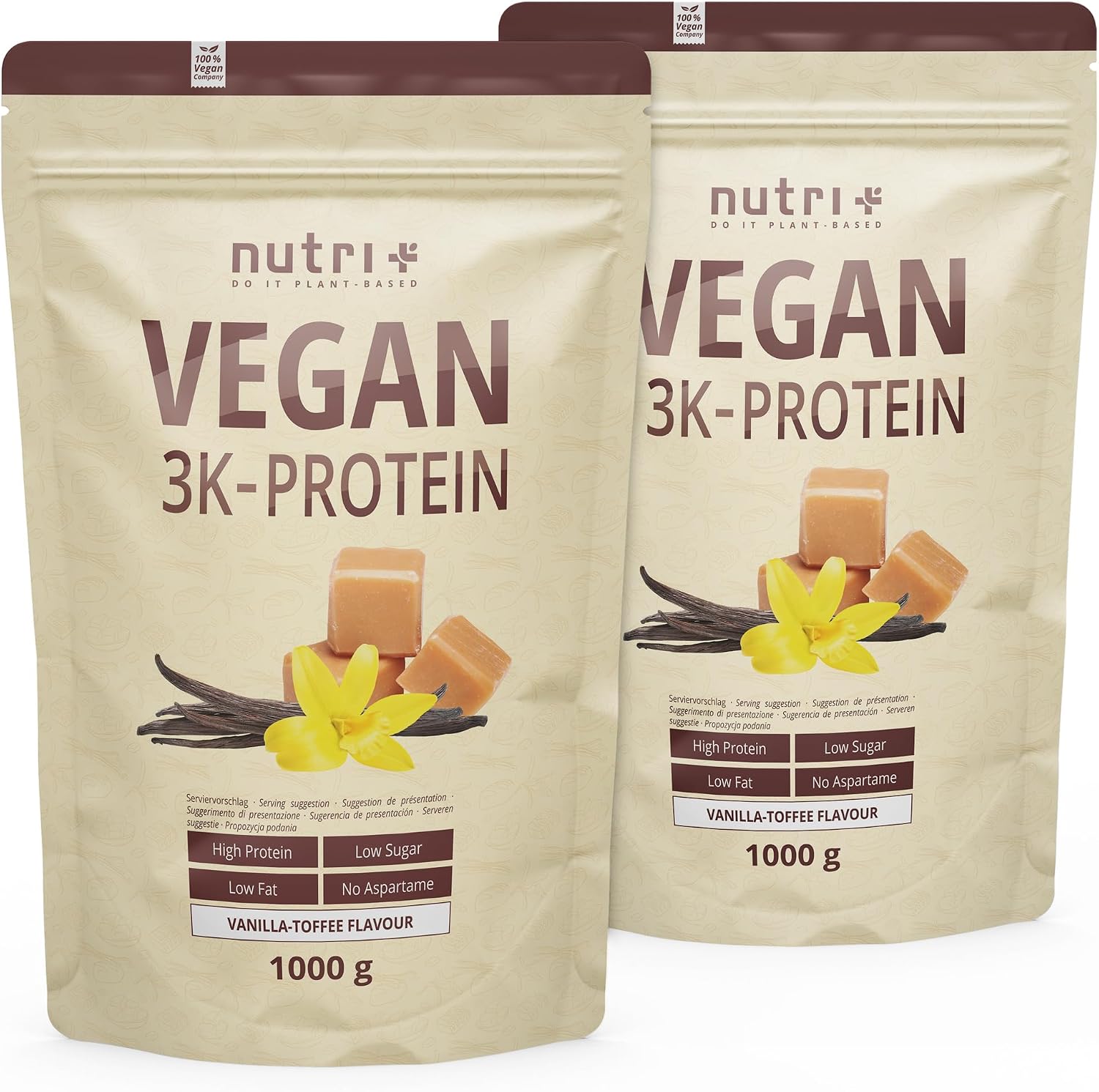 Thumbnail 6 de Nutri + Protein Pulver Vegan Vanilla Toffee 1 kg – 80% Eiweiß, 3-Komponenten Pflanzliches Protein