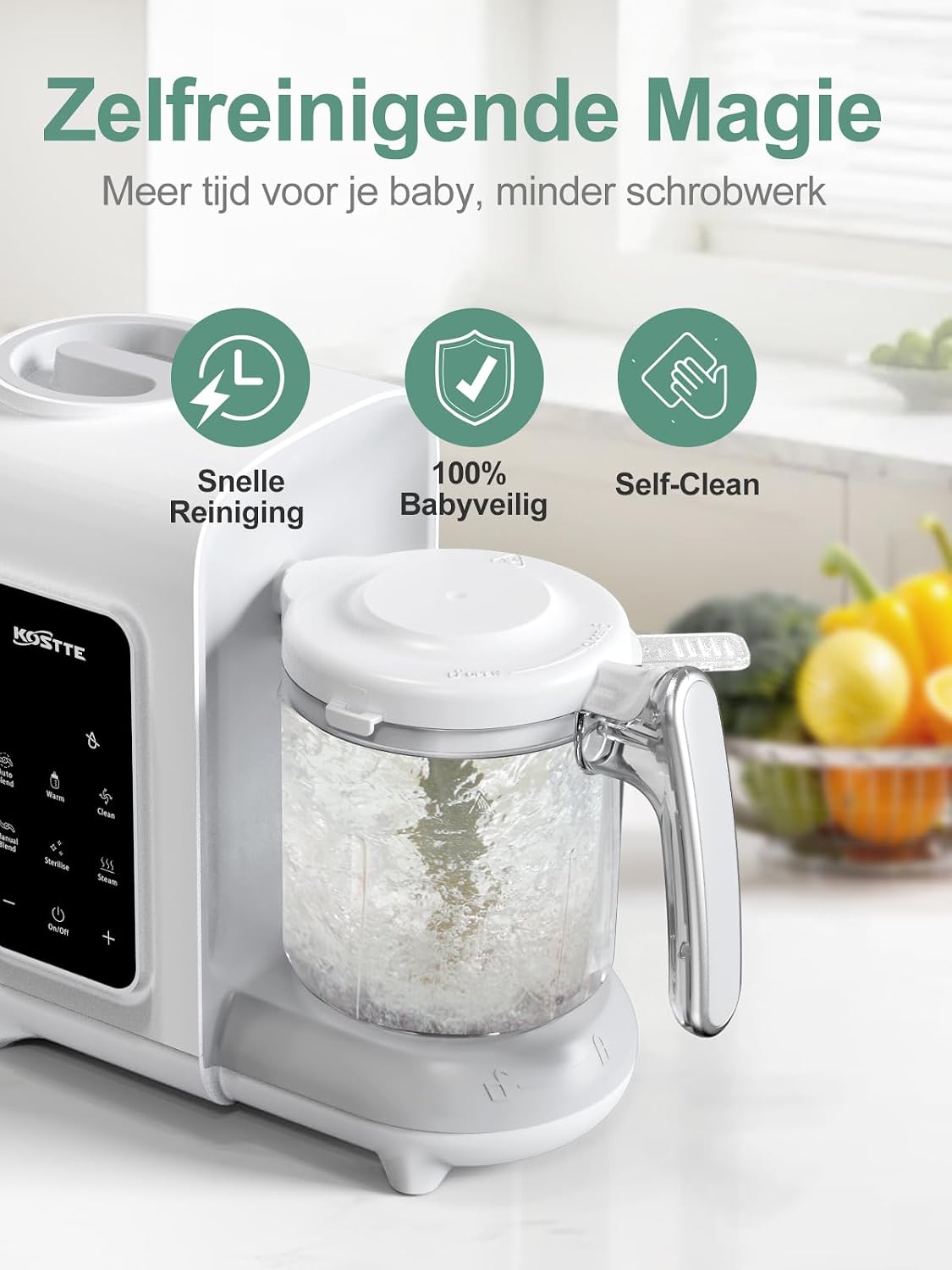 Detalle de KOSTTE 1501 babyvoedingmaker 6-in-1 met stomen, mixen, verwarmen en ontdooien
