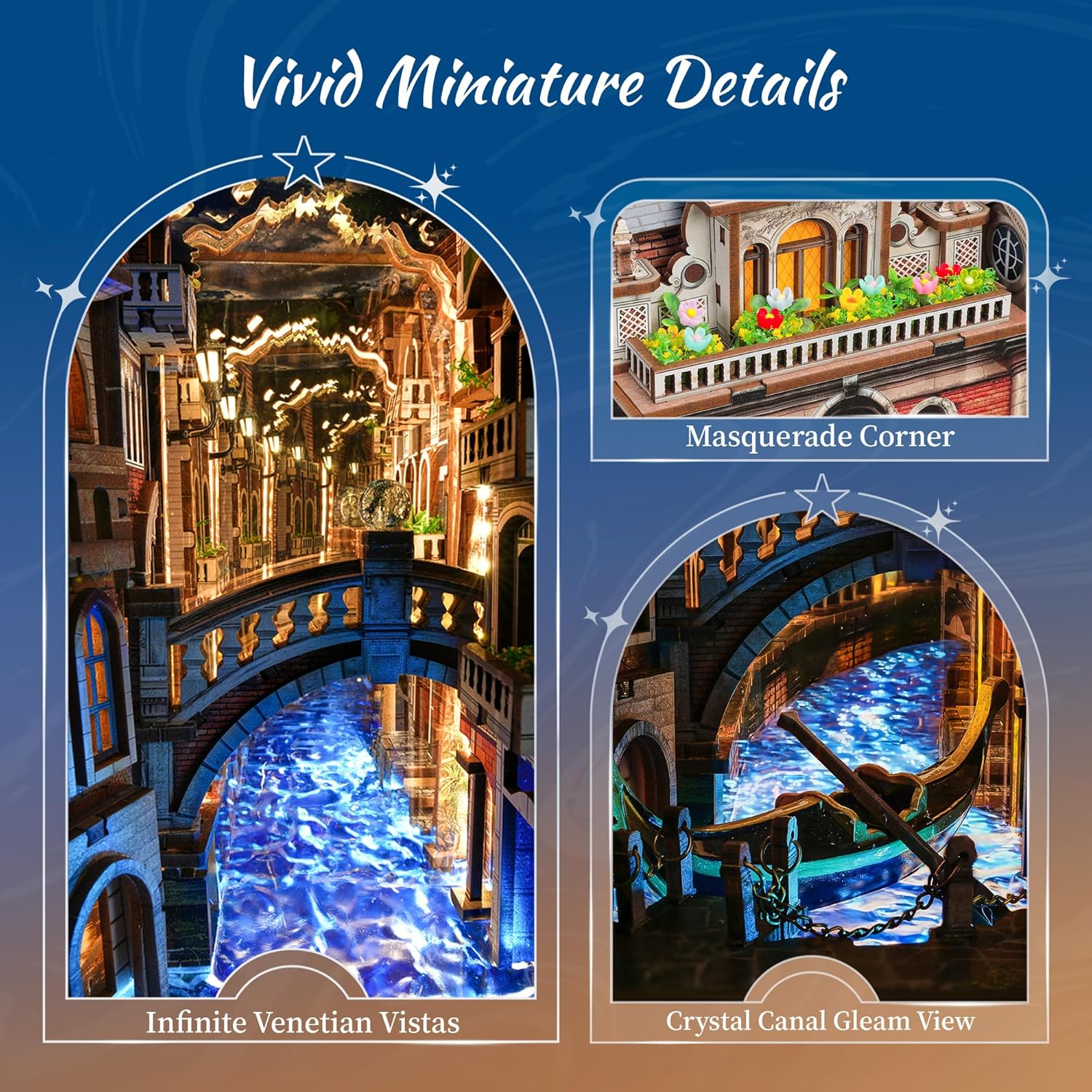 Detalle de FUNPOLA Venice Night Starlit Book Nook Kit with Infinity Mirror — LED 3D Wood Puzzle DIY Décor
