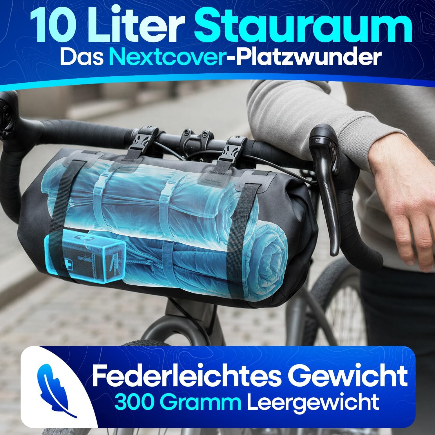 Detalle de Nextcover® Bikepacking Lenkerrolle 10L – Wasserdichte Lenkerstasche für Gravelbike, MTB und Rennrad