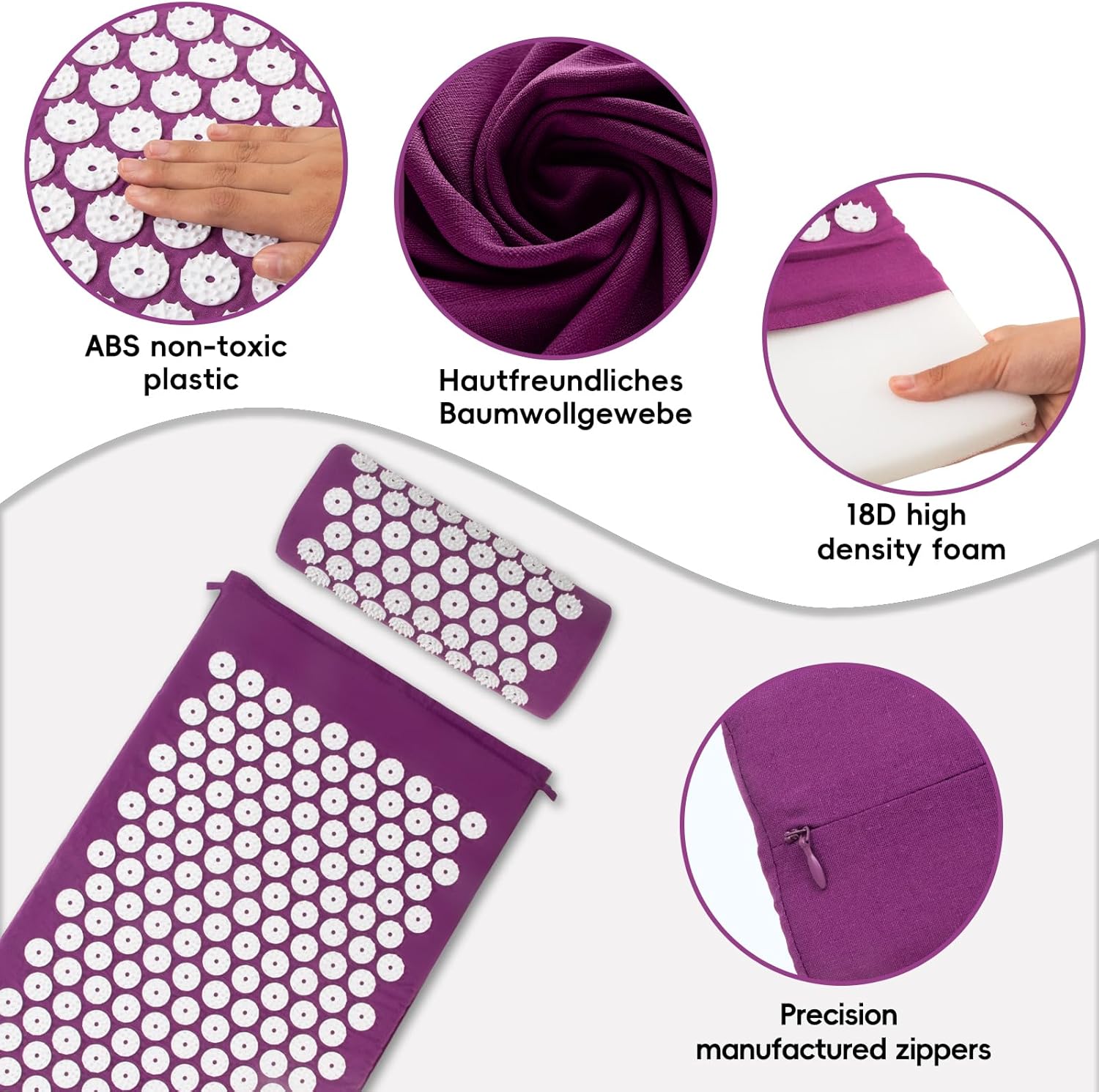 Detalle 2 de CWRFZ Acupressure Mat, Acupuncture Mat & Massage Pillow Set (Purple) with 2 Massage Balls