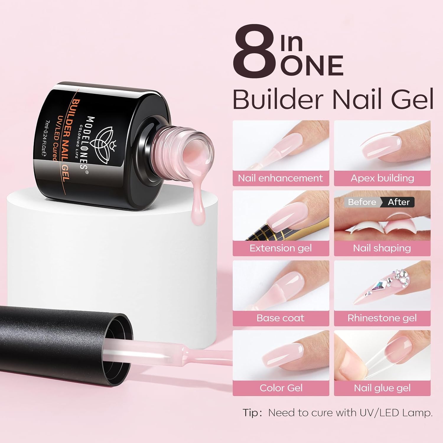 Thumbnail 4 de modelones Builder Nail Gel Polish Set (Nude Pink Jelly Gel) with LED Lamp Cured Finish, 6 Colors