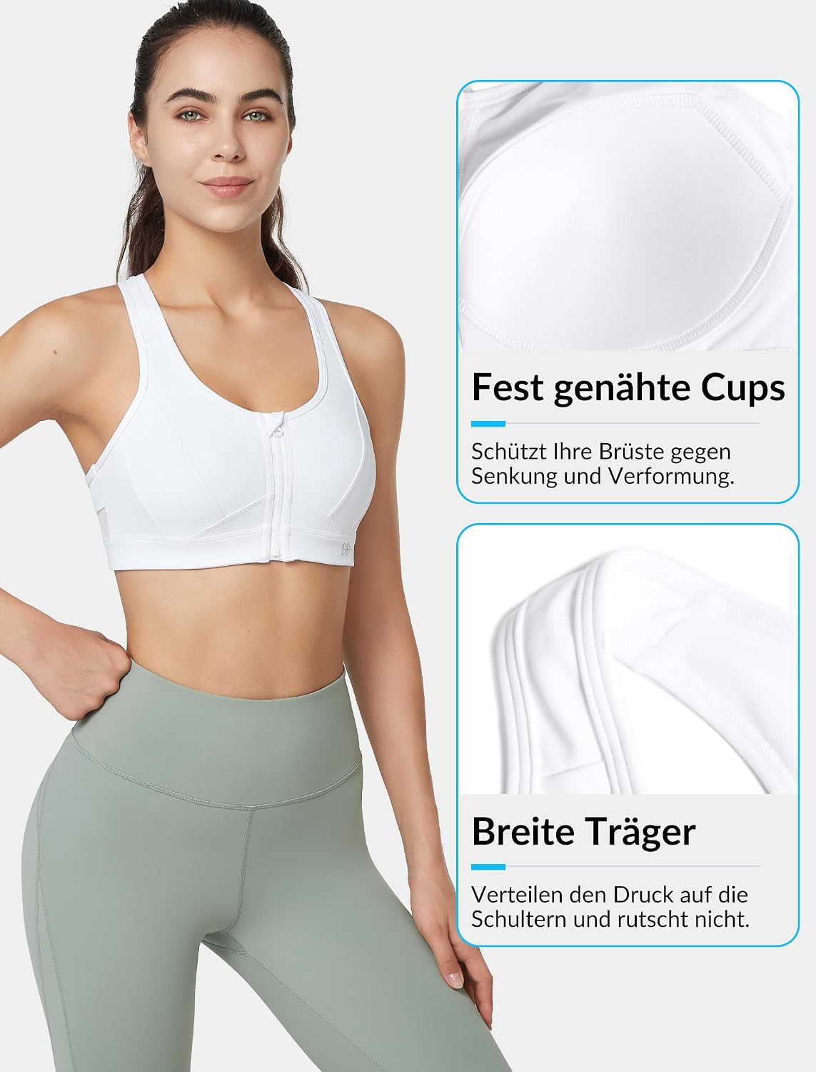 Detalle de Yvette Sport BH Starker Halt mit Front-Reißverschluss – Große Größe, Mesh-Rücken