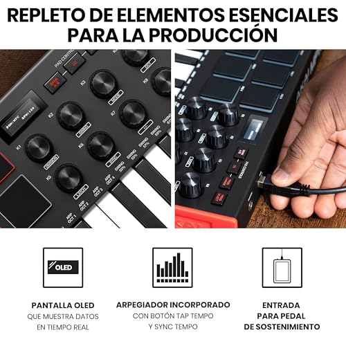 Detalle de Akai MPK Mini MK3: Controlador MIDI USB con 25 teclas y joystick 4 ejes para producción en estudio