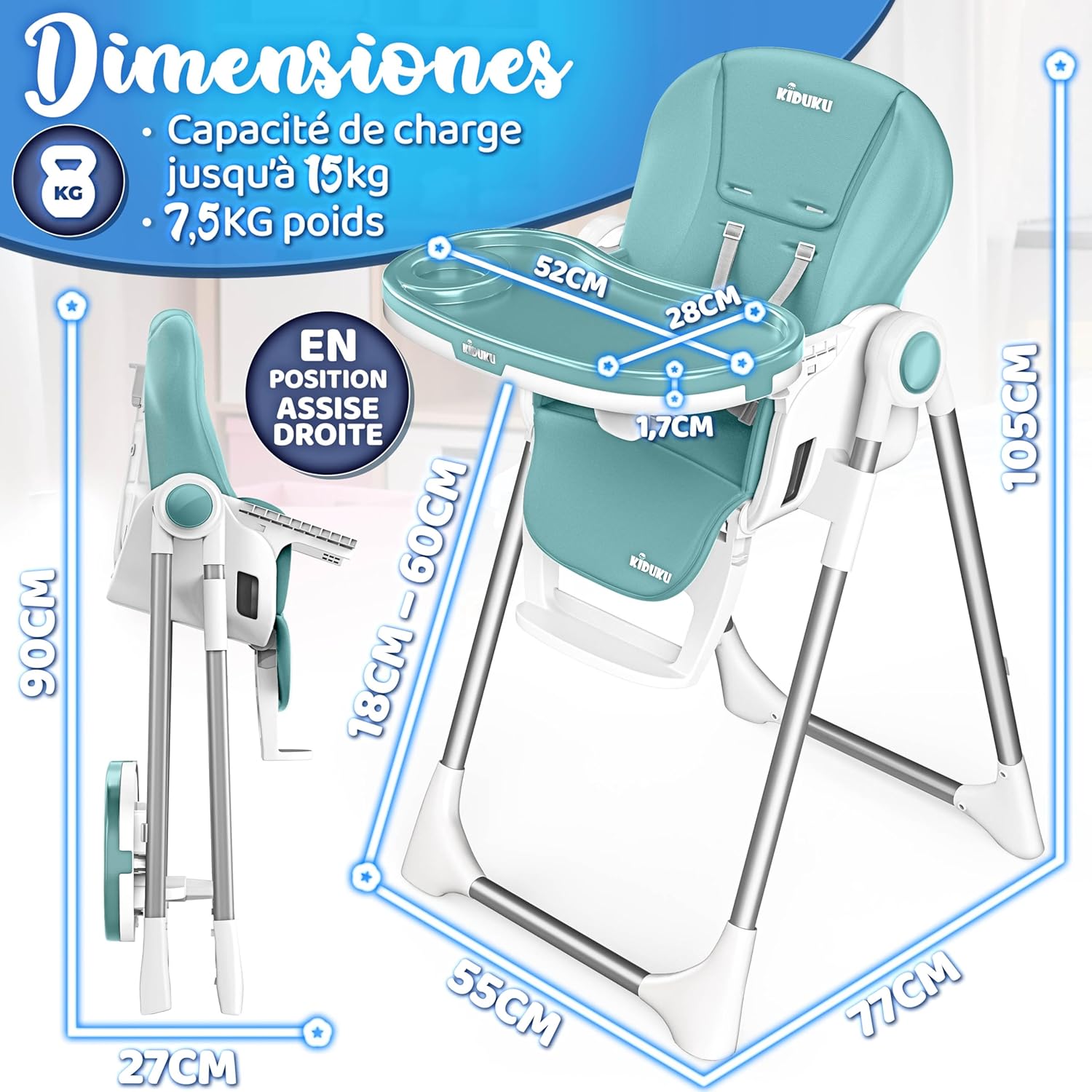 Thumbnail 2 de KIDUKU Chaise haute bébé 3-en-1 turquoise avec réducteur nouveau-né et arche de jeu