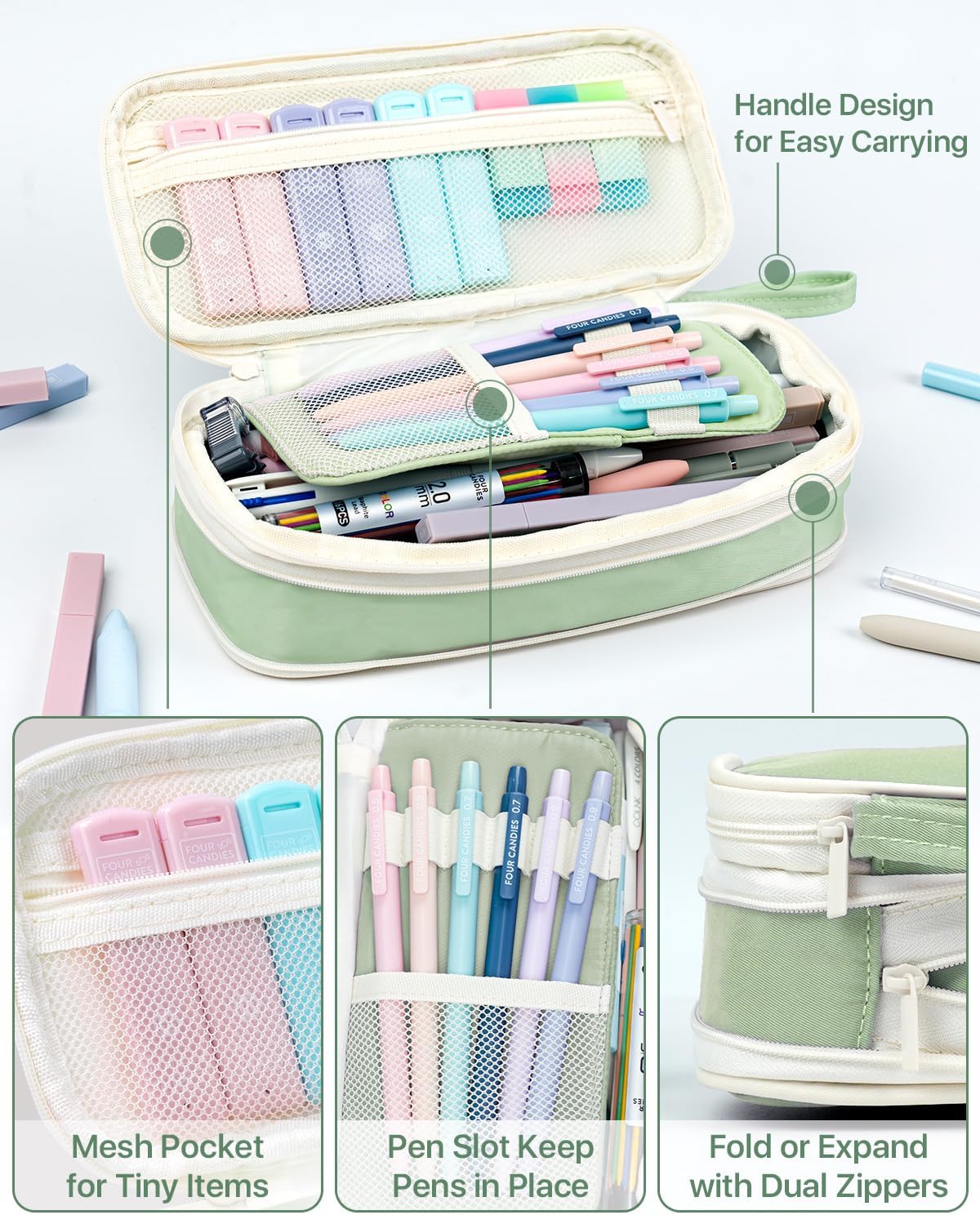 Thumbnail 3 de Four Candies 56 PCS Aesthetic School Supplies with Green Pencil Case – 56‑Piece Back to School Set