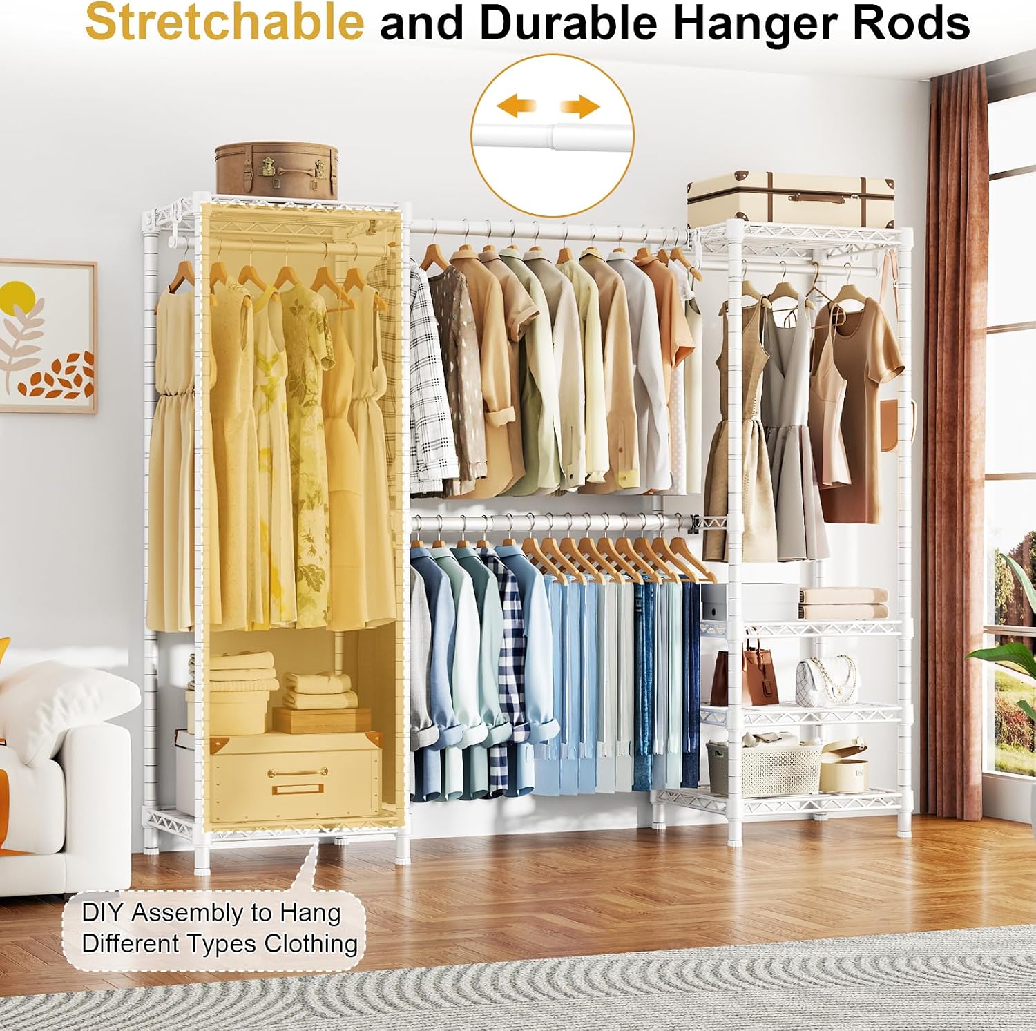 Detalle de Ulif E7 weiß Heavy-Duty Clothing Rail, Expandable Metal Rack with 6 Shelves