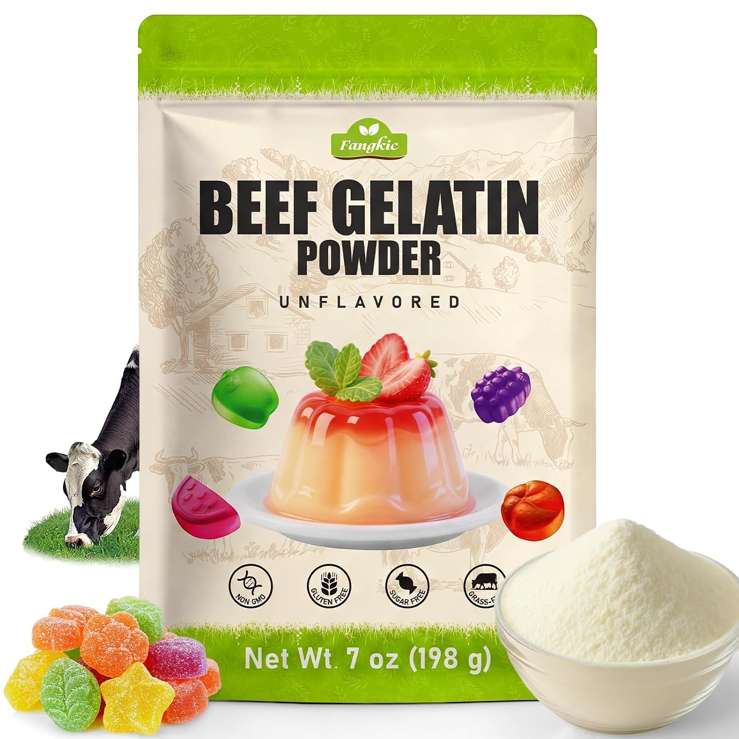 Detalle de Fangkic Beef Gelatin Powder, Unflavored Grass-Fed Thickener, 7 oz/198 g