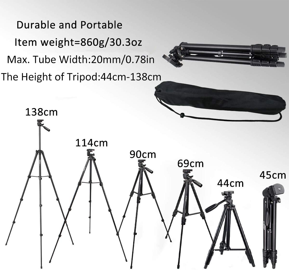 Detalle de Svbony SV101 : trépied photo portable en aluminium, hauteur réglable 45 à 138 cm (avec sac)