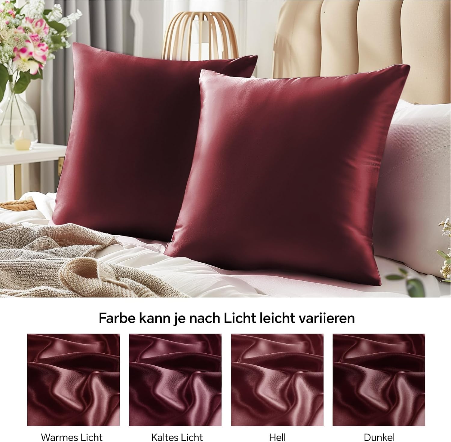 Thumbnail 5 de BEDELITE Satin Kissenbezug 80×80 Rot – Kissenbezug-Set