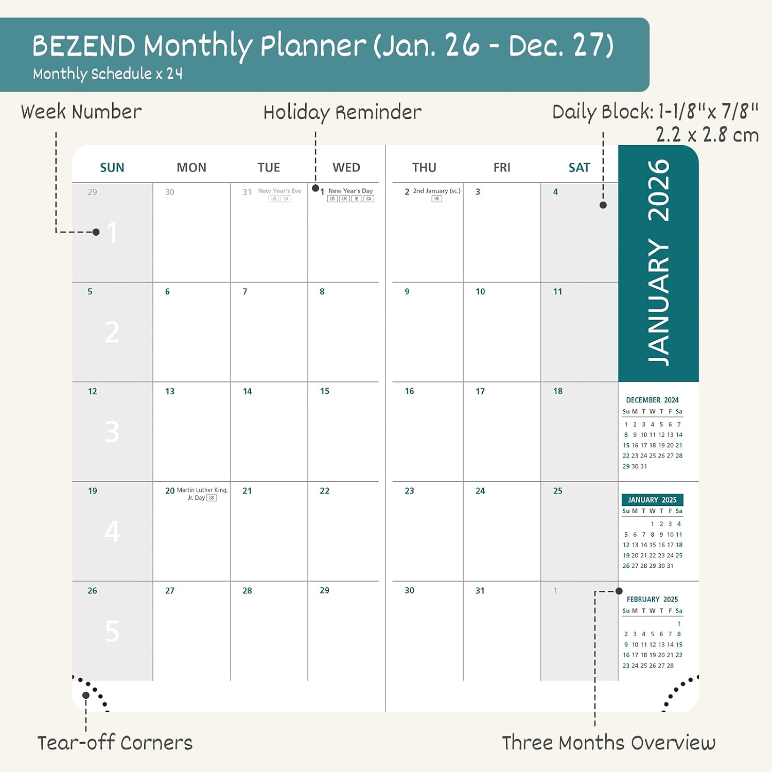 Detalle de BEZEND 2 Year Pocket Diary 2026-27 16.5 x 9 cm