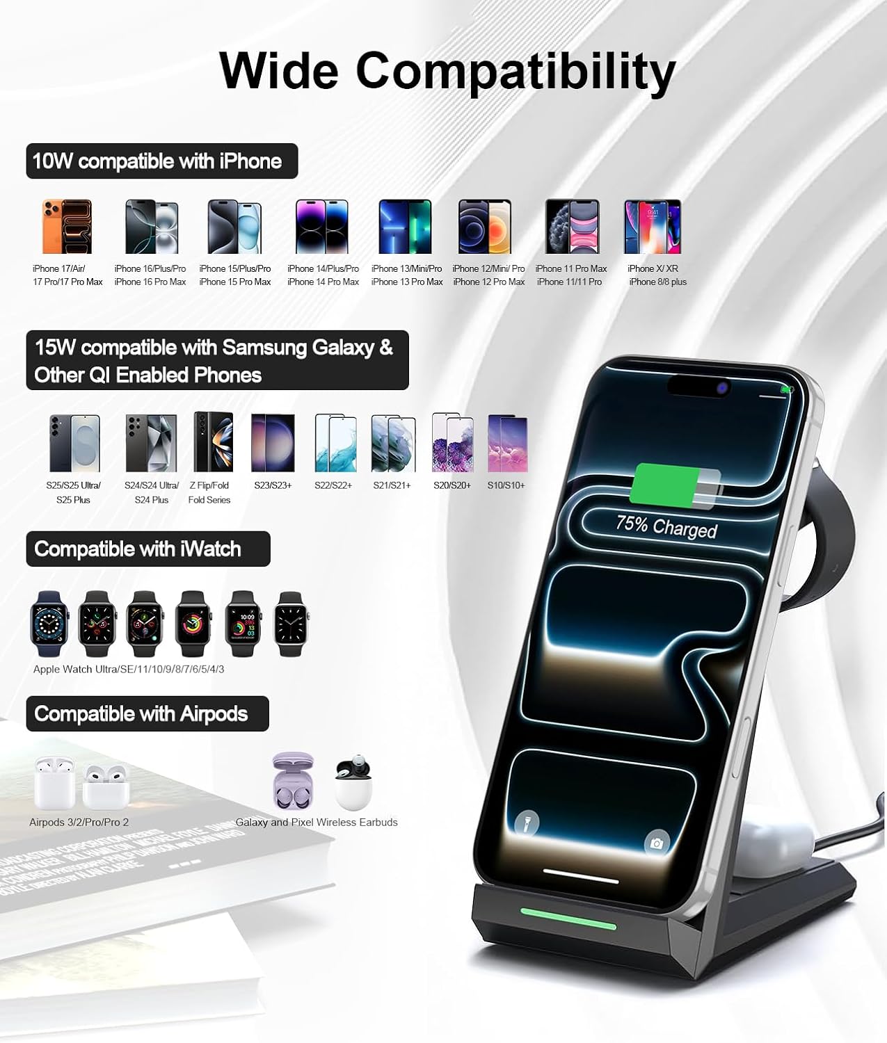 Detalle de ADADPU 3 in 1 Wireless Charger – 15W Fast Charging Station for iPhone, AirPods and Apple Watch