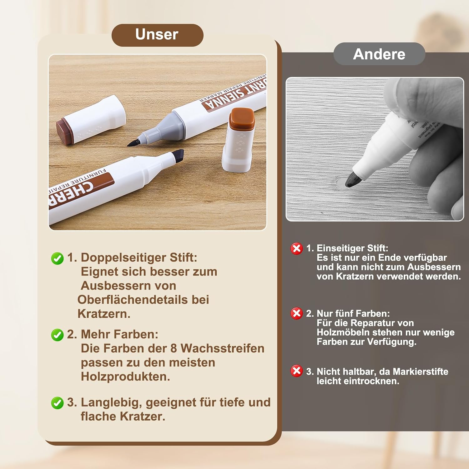 Detalle de Laminat- und Parkett-Reparaturset mit Hartwachs Heizstift – 11 Farben für Möbel, Böden und Holzoberflächen