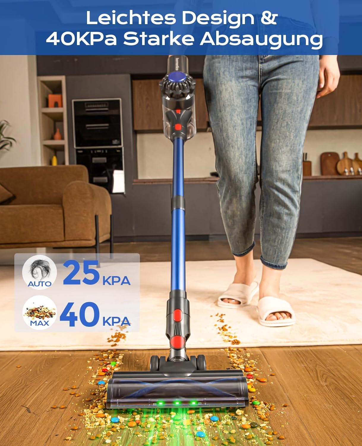 Thumbnail 1 de Ivormentico Akku-Staubsauger kabellos 50 Min / 40 kPa / 450 W – mit LED-Bodenbürste gegen Tierhaare (blau)