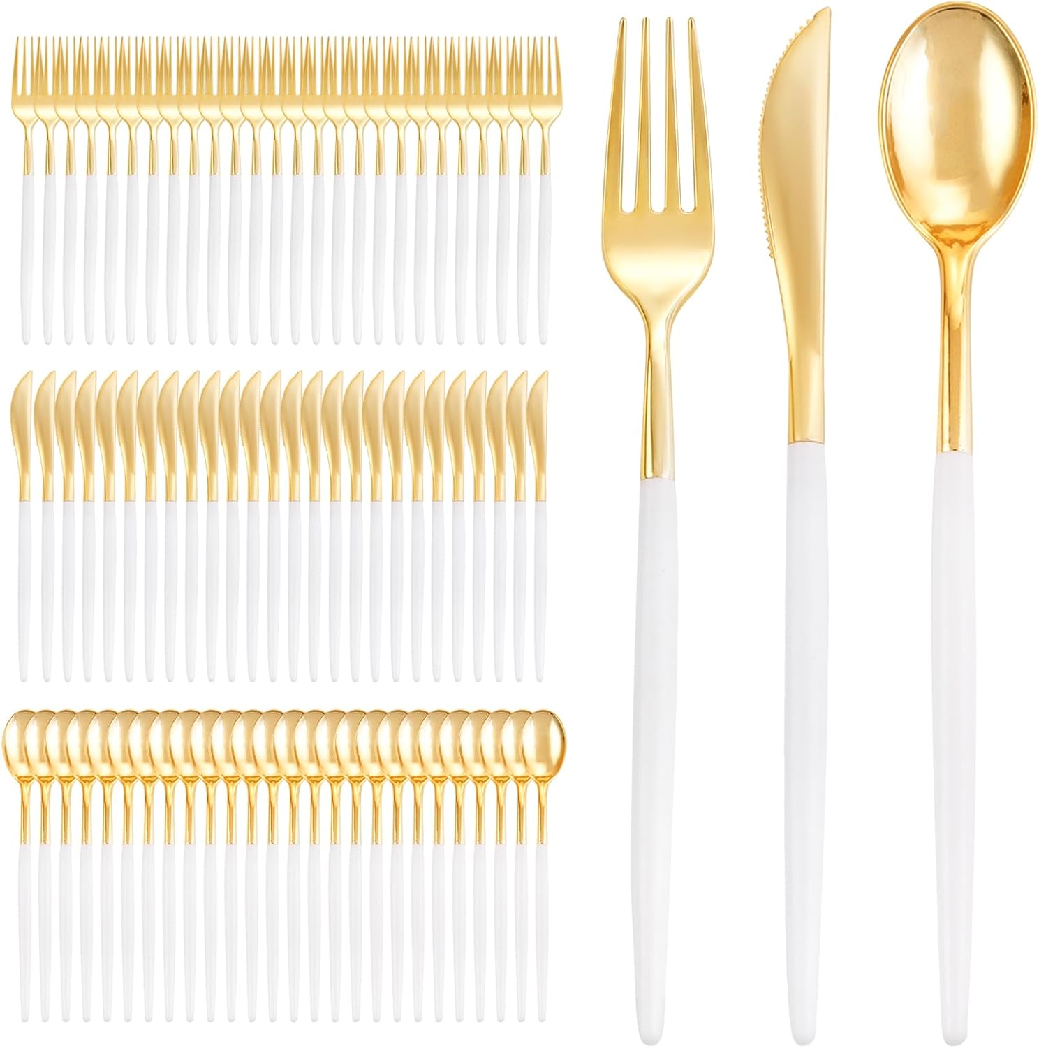 Detalle de I00000 300 Pcs Gold Plastic Silverware Set – Premium White & Gold Disposable Cutlery (100 forks, 100 knives, 100 spoons)
