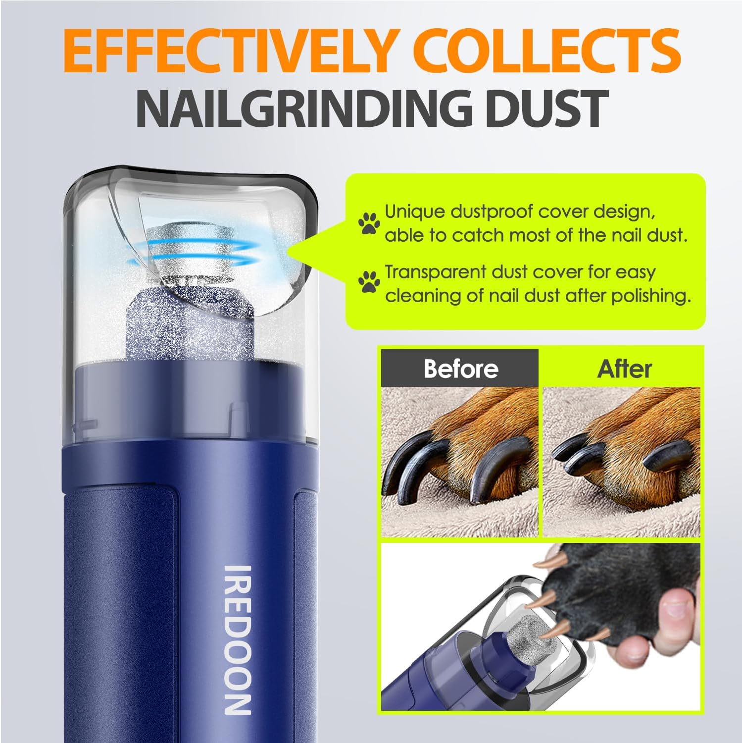 Detalle de IREDOON Lime à ongles électrique pour chien rechargeable, 3 vitesses et 4 LED