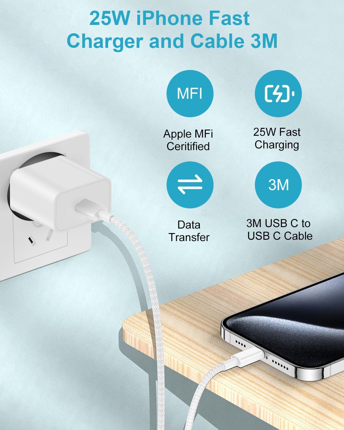 Detalle 2 de Caricatore USB‑C 25W con cavo da 3 m: ricarica rapida e compatibilità ampia per iPhone e iPad