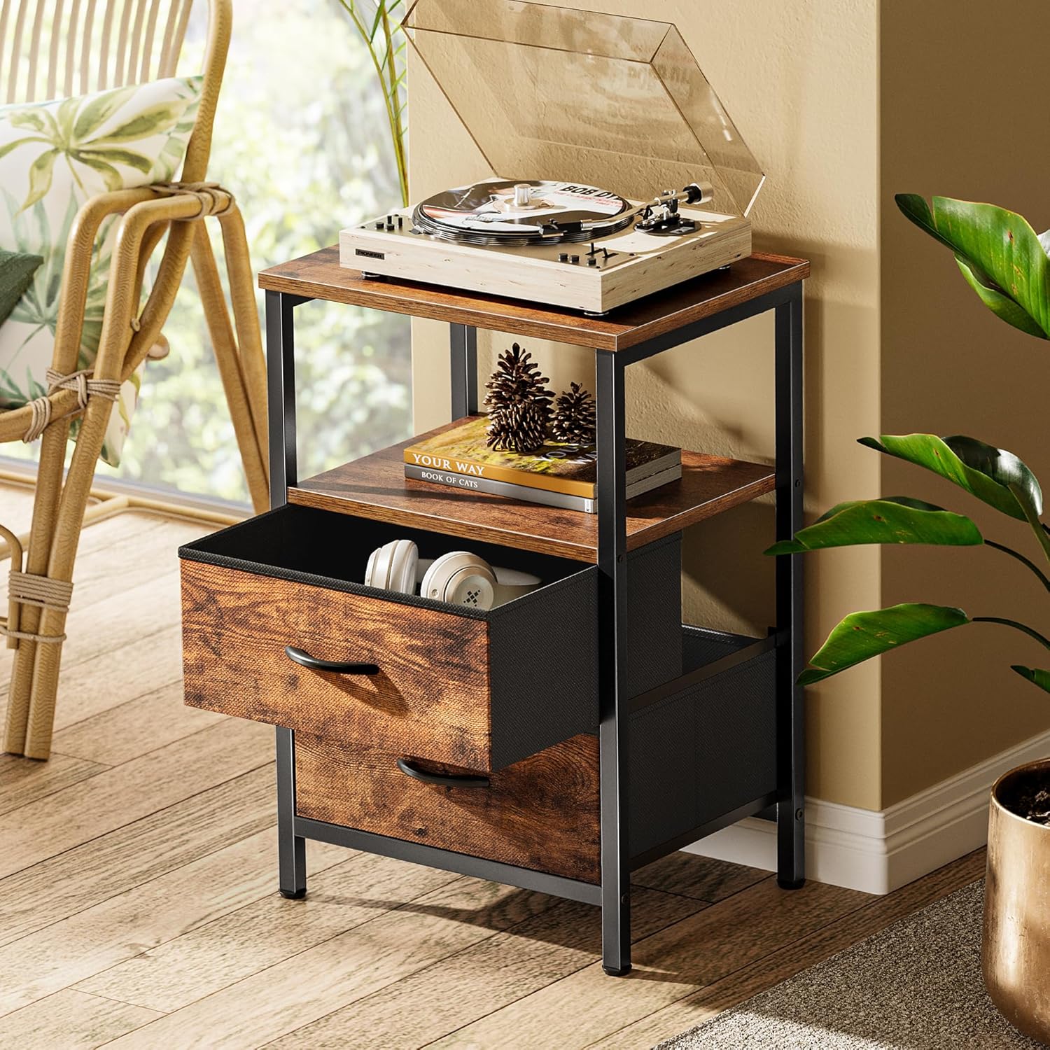 Detalle de Huuger Night Stand Set 2: 2-Drawer Bedside Table with Open Shelf in Rustic Brown