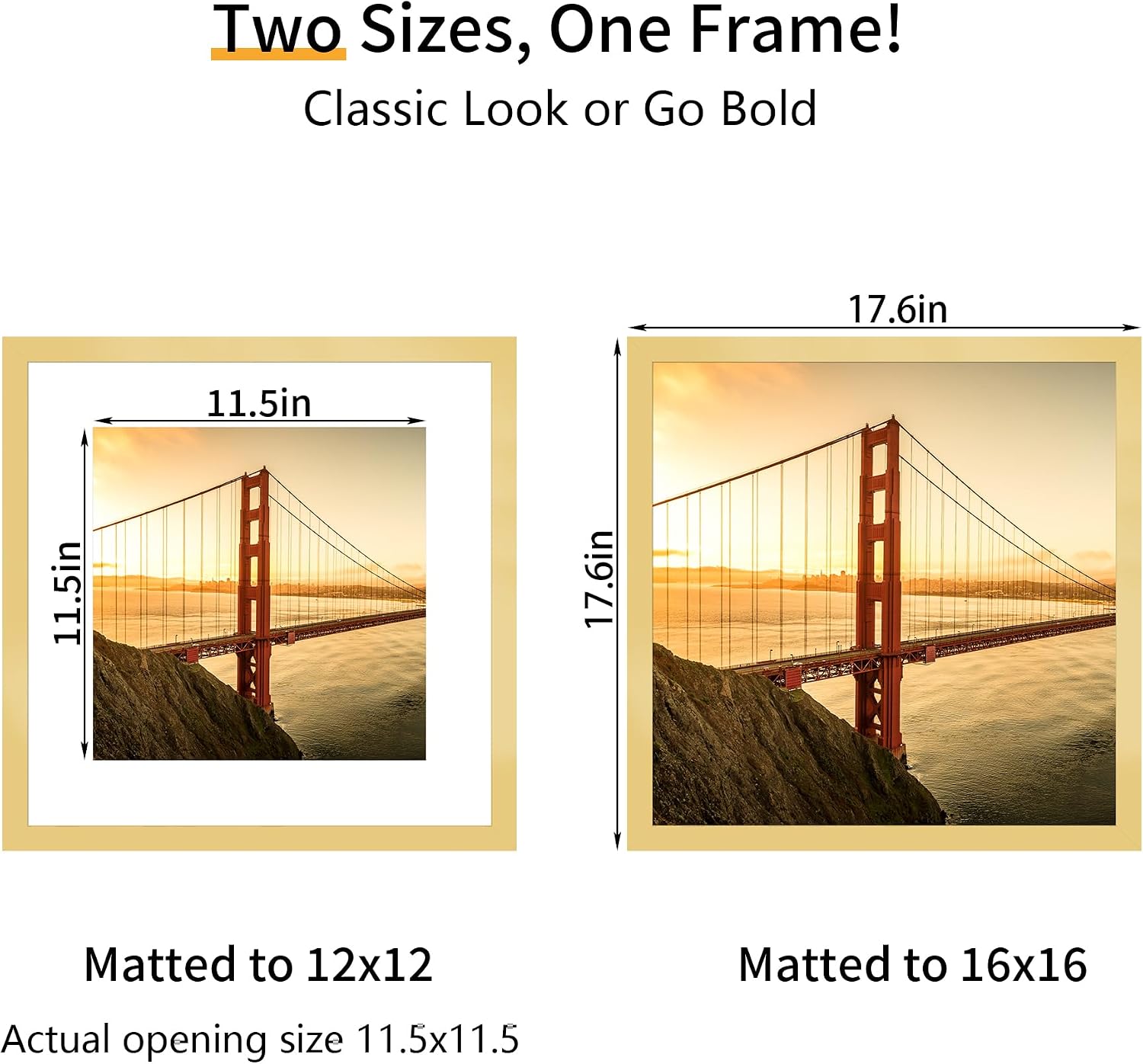 Thumbnail 1 de YESKAY 16x16 Picture Frames, 3-Pack, Gold MDF with 12x12 Mat Option