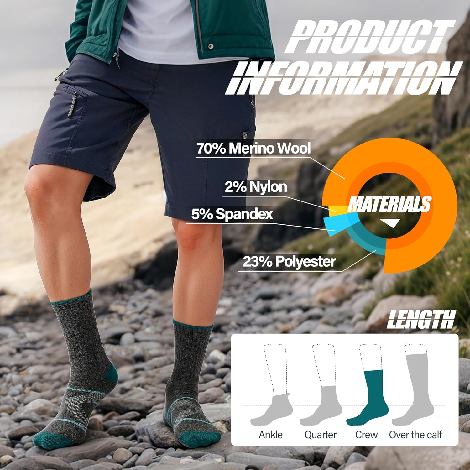 Thumbnail 4 de ANTSANG Merino Wool Hiking Socks, 5-Pair Crew Boot Socks with Targeted Cushion