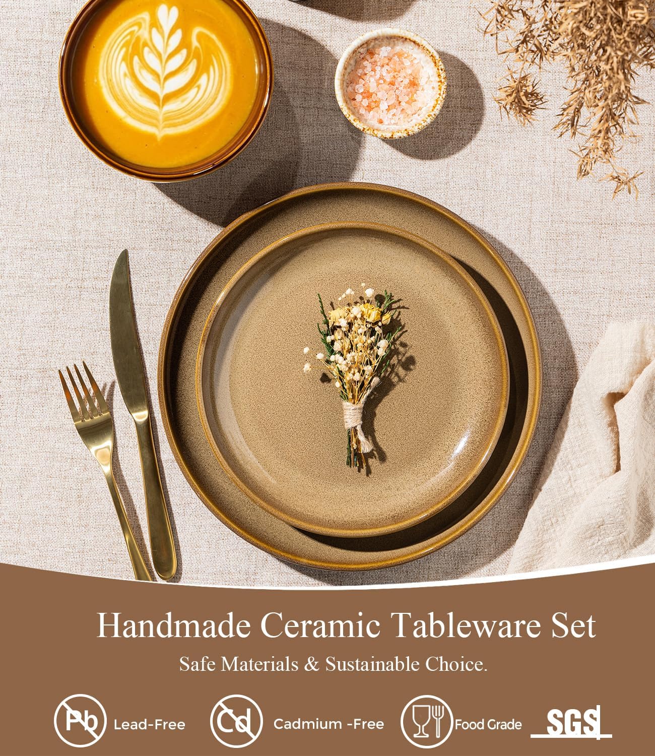 Detalle de LERATIO 12-Piece Ceramic Dinnerware Set for 4 – Chestnut
