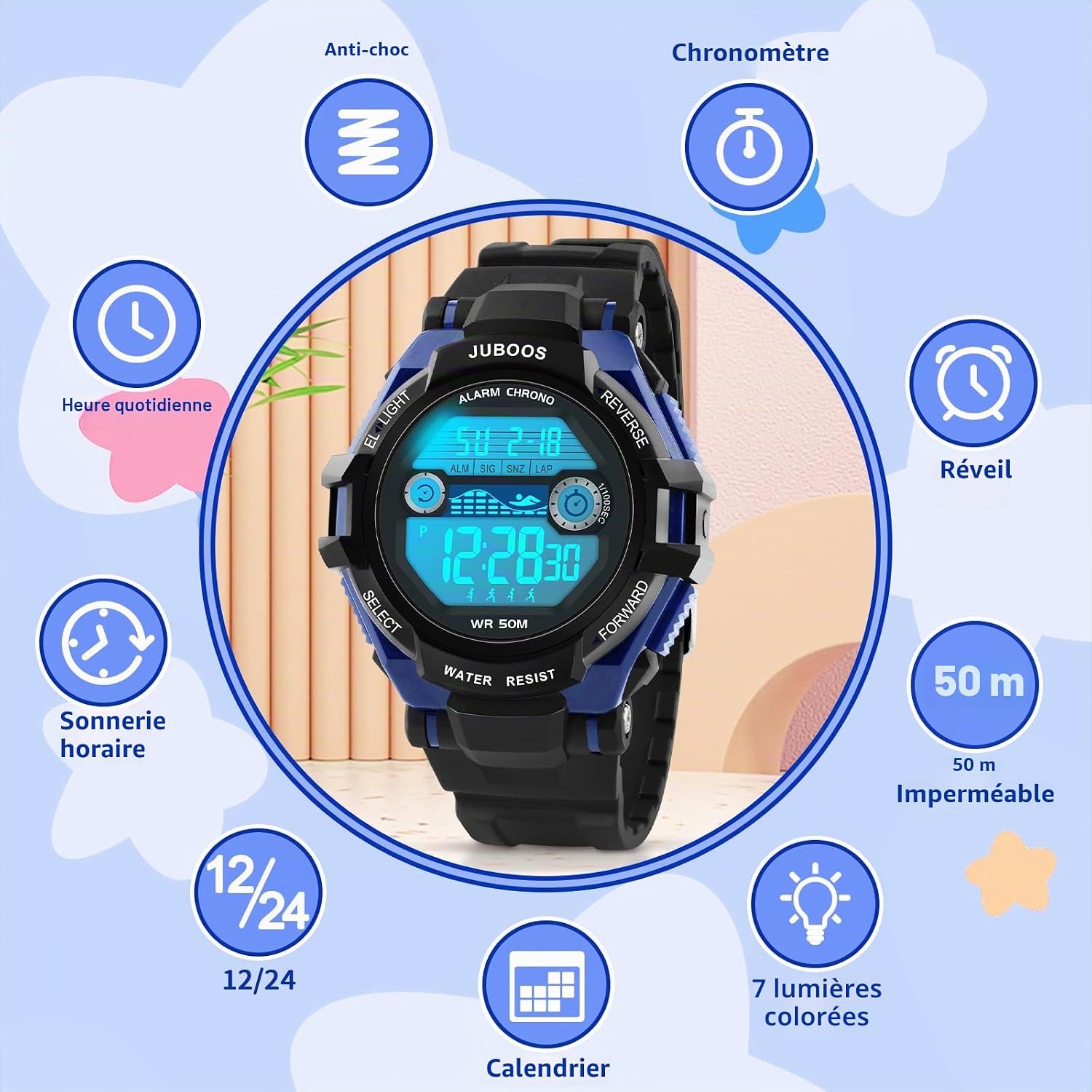 Detalle de Juboos Montre Enfant avec Bracelet Imprimé et 7 Lumières Colorées – Étanche, Oreilles de Chat, 5 à 15 Ans