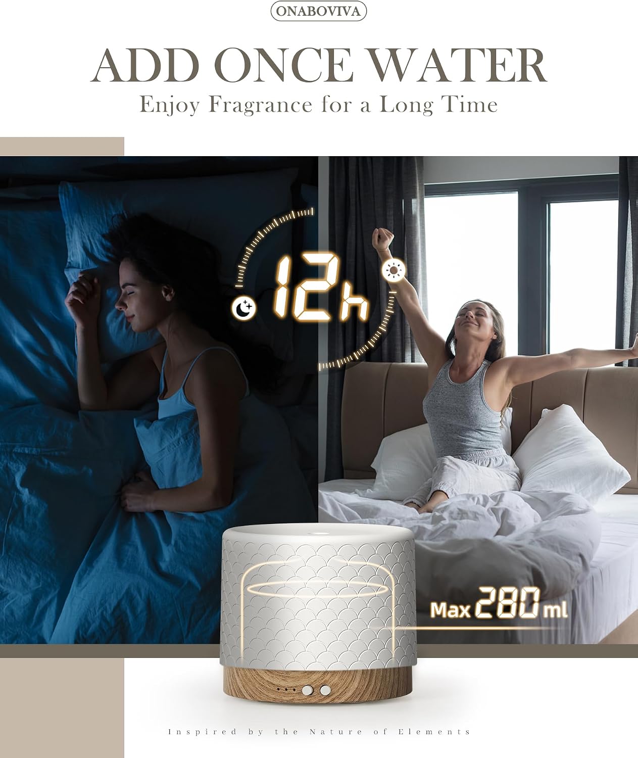 Detalle de Onaboviva M5 Ceramic Essential Oil Diffuser, 280 ml Cool Mist with Timer