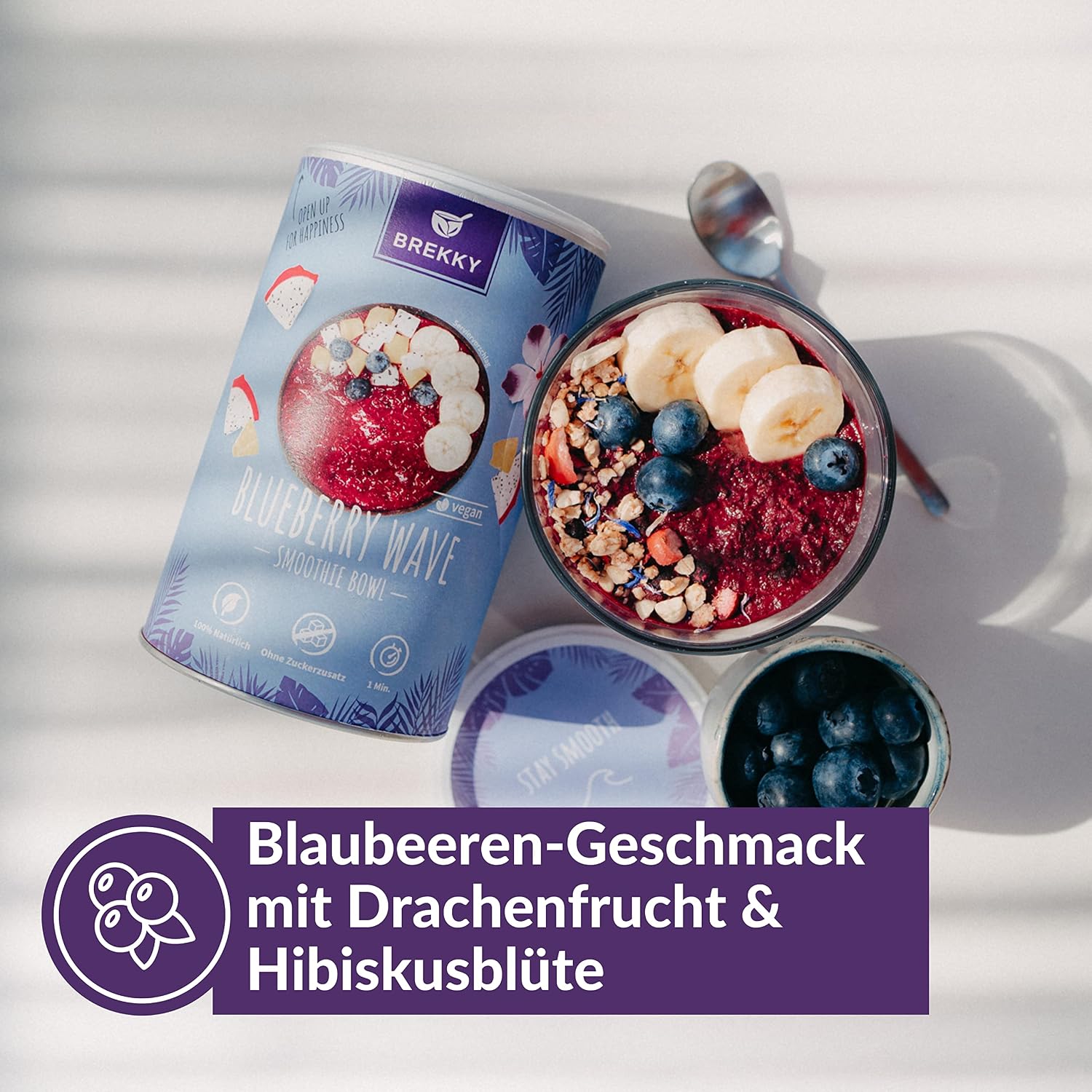 Detalle de BREKKY Blueberry Wave Smoothie Bowl – vegan, 100% natürlich, ohne Zuckerzusatz – praktisches Frühstückspulver