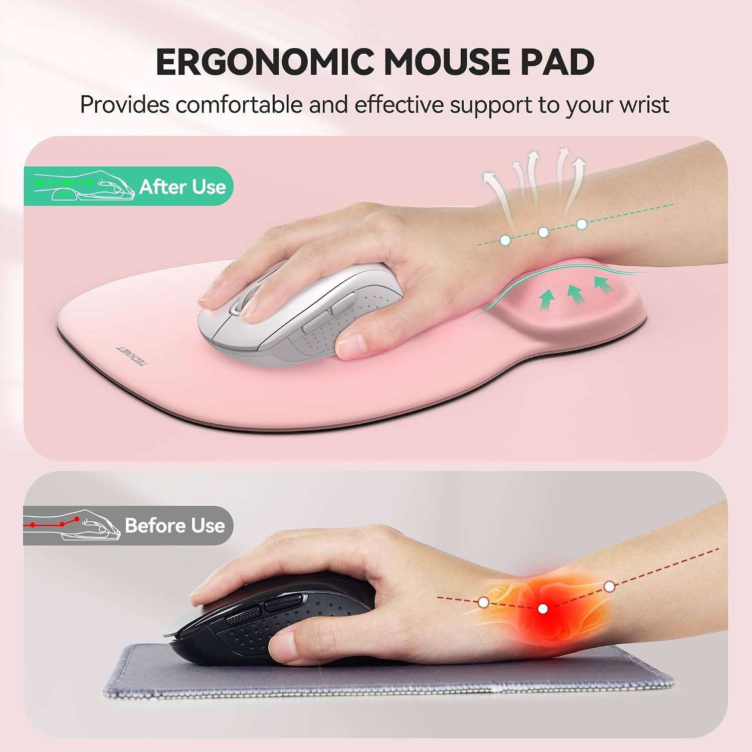 Detalle de TECKNET Gel Ergonomic Mouse Pad with Wrist Rest, Pink, Non-Slip PU Base