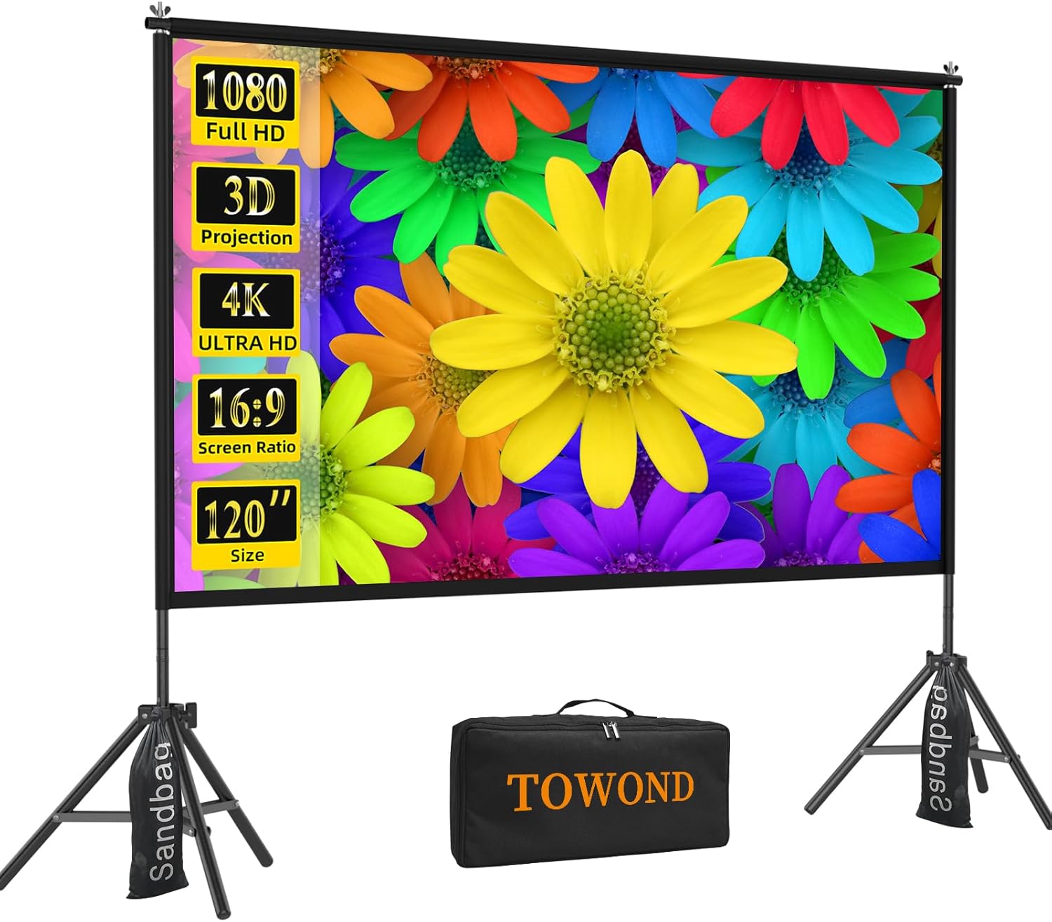 TOWOND Projector Screen with Stand (120-inch, 16:9) for Backyard Movie Nights
