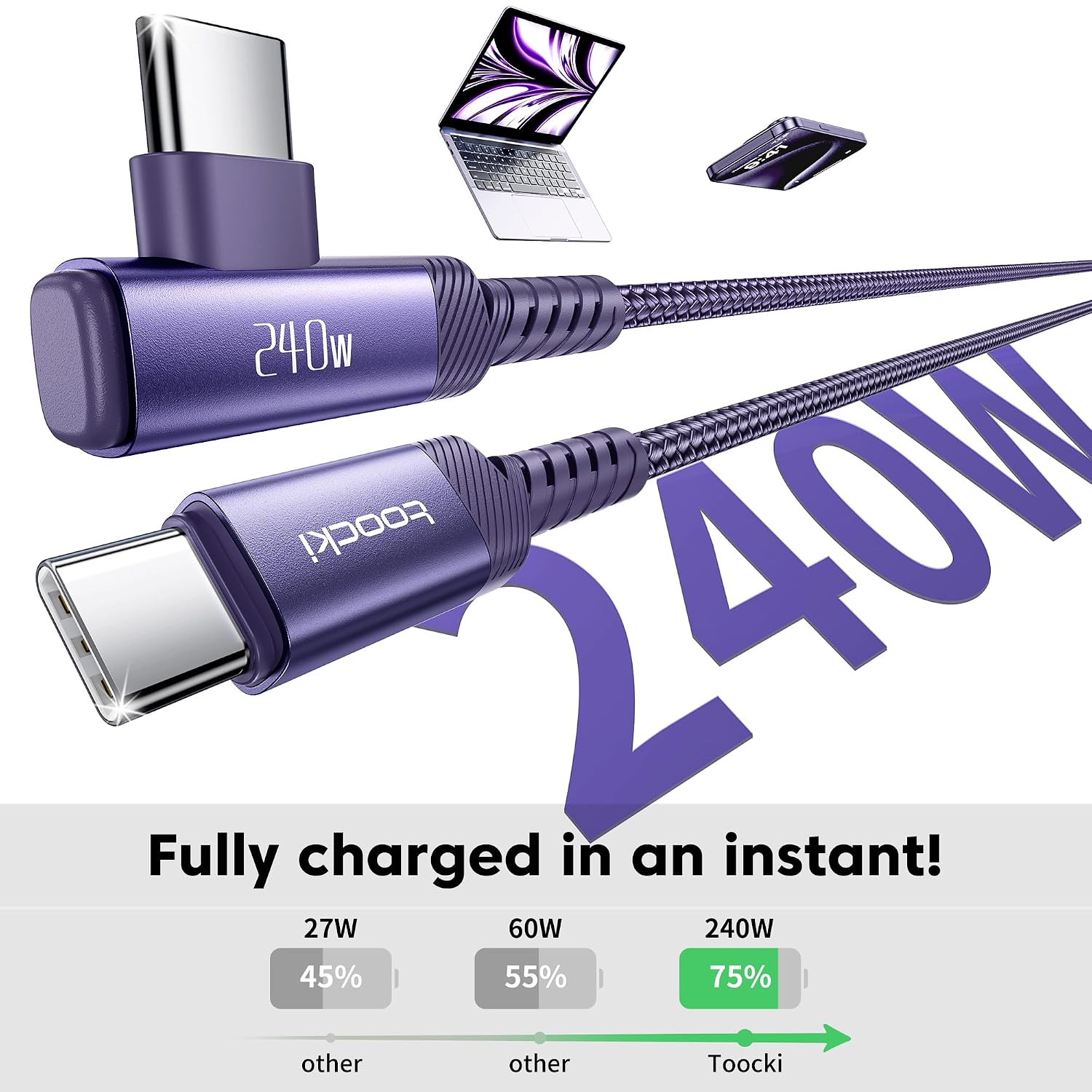 Detalle 2 de toocki cable USB C a USB C 240W 2M 90°