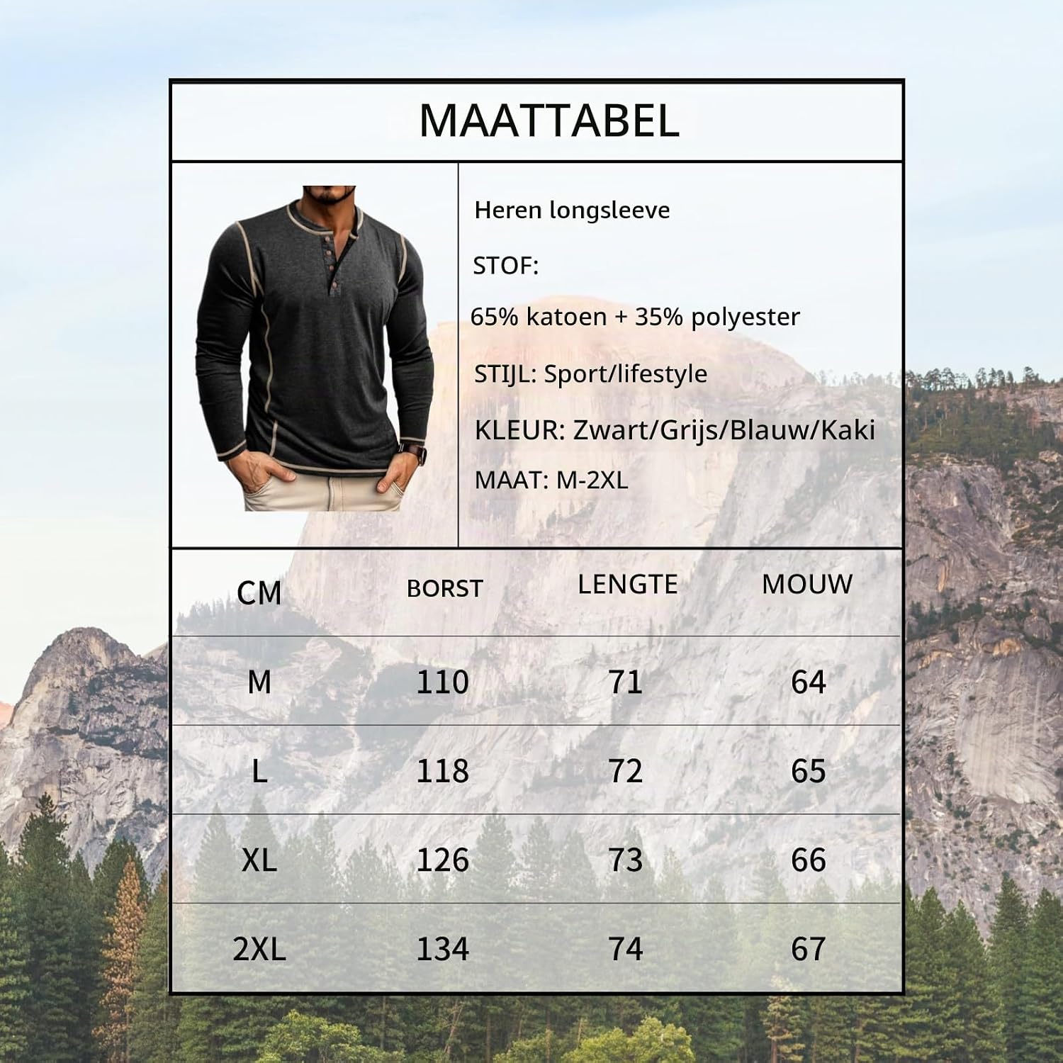 Detalle 1 de LAOARA heren-T-shirt met lange mouwen, Henley-stijl en rolkraag, M-2XL