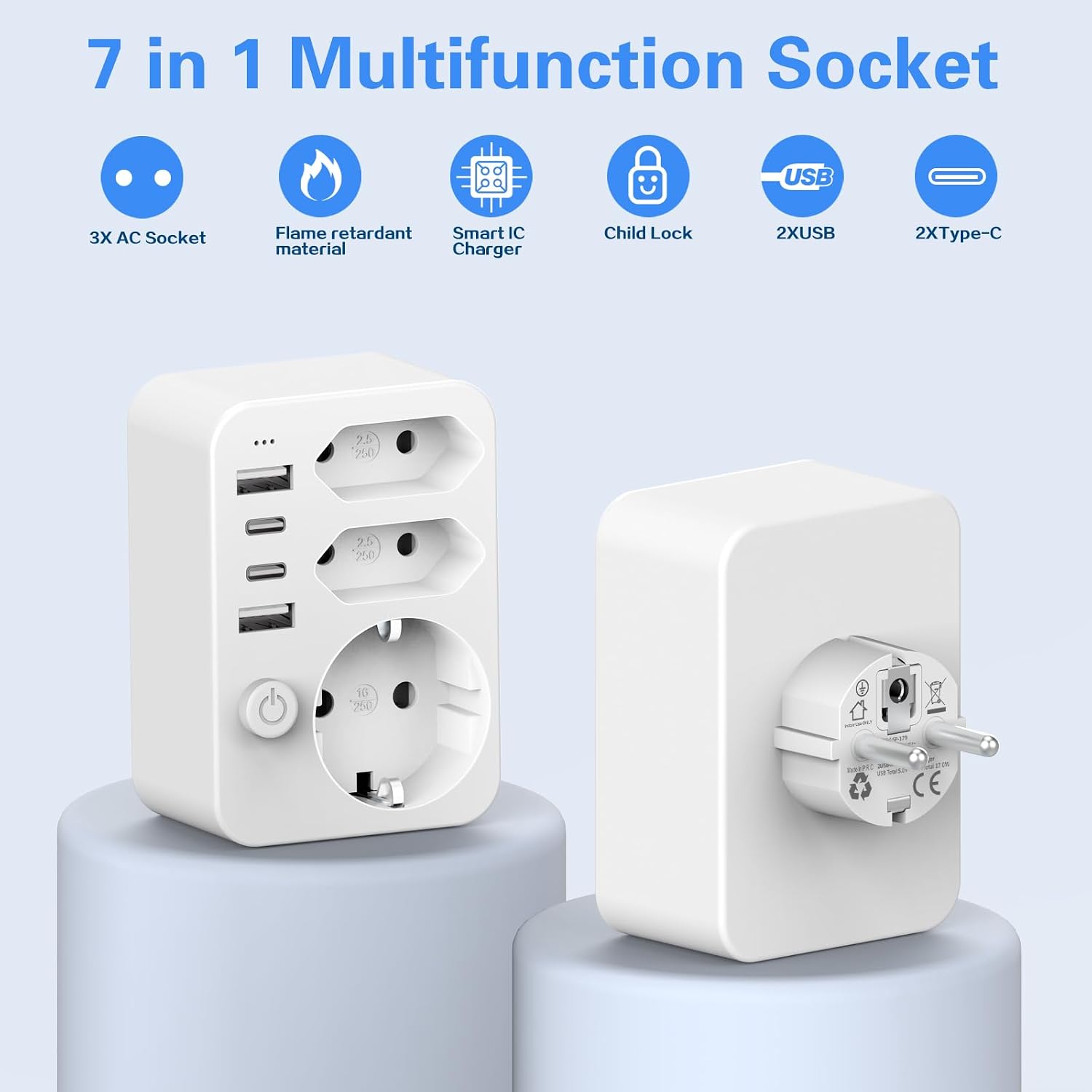 Detalle de HANYEAL Mehrfachsteckdose mit USB – 6-in-1 Reise- und Haushaltslösung (EU-Stecker, 2 Schuko, Typ-C Schnellladung, 3 USB)