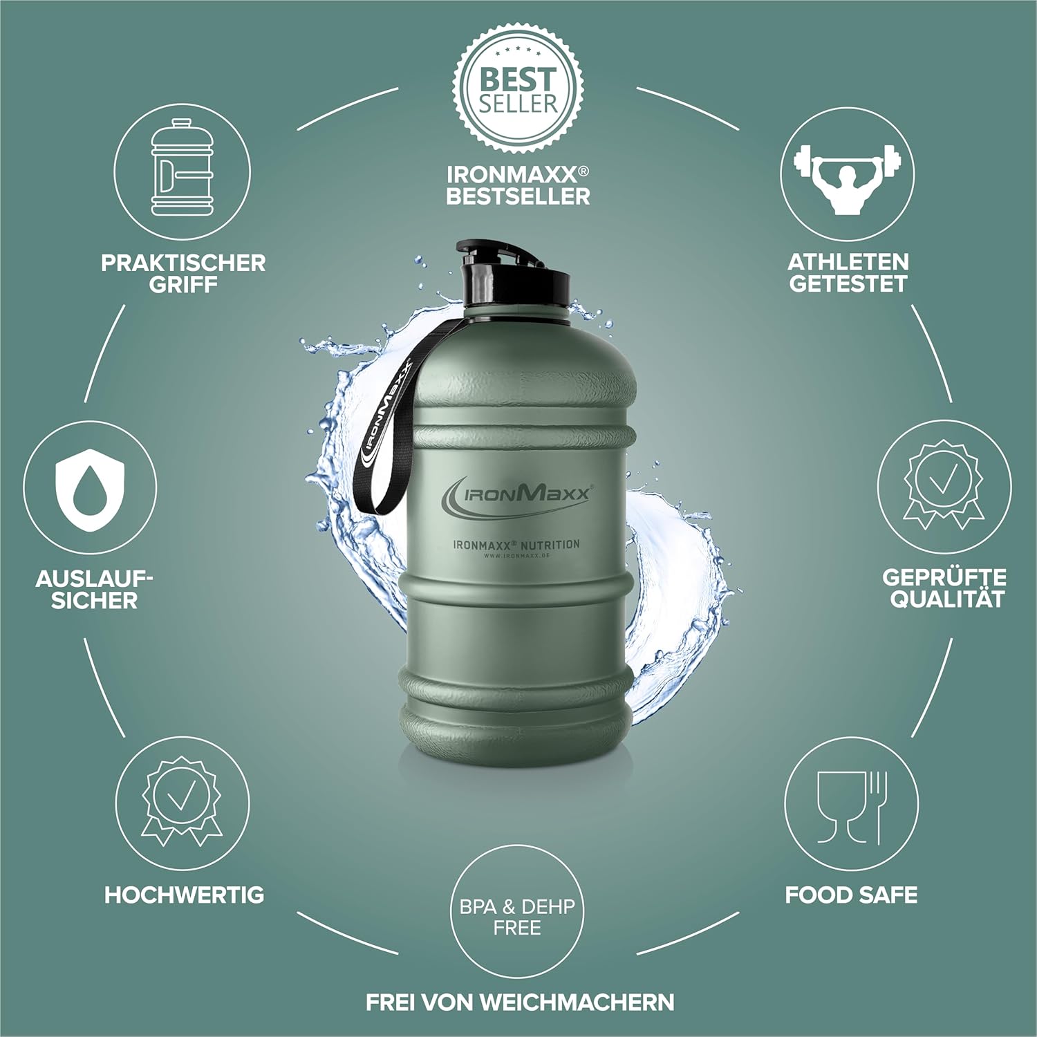 Detalle de IronMaxx Water Gallon – Matt Mineral Green 2200 ml: Auslaufsicher, BPA- & DEHP-frei