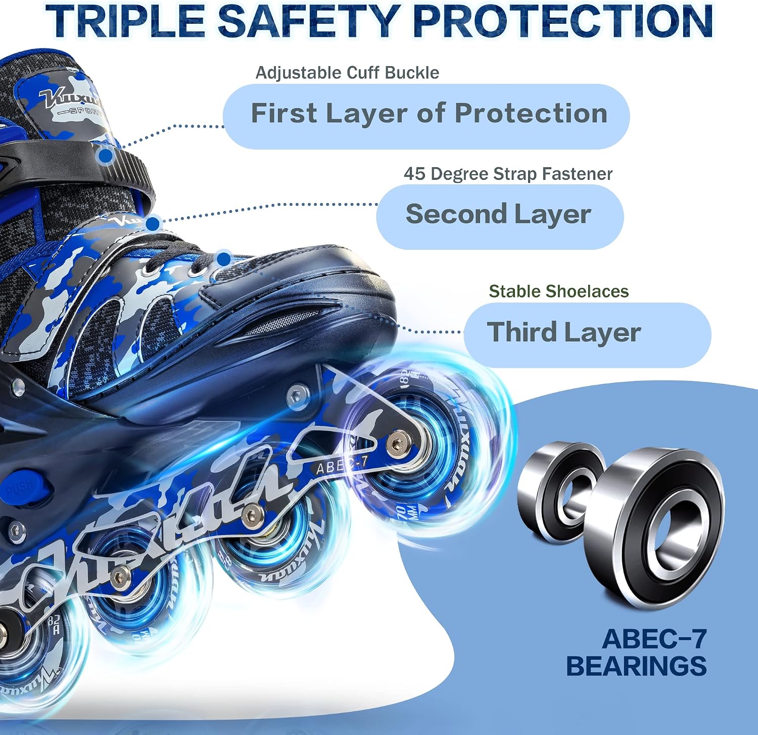 Detalle de Kuxuan Adjustable Inline Skates with Light Up Wheels — 4 Sizes, Aluminum Frame, ABEC-7 Bearings