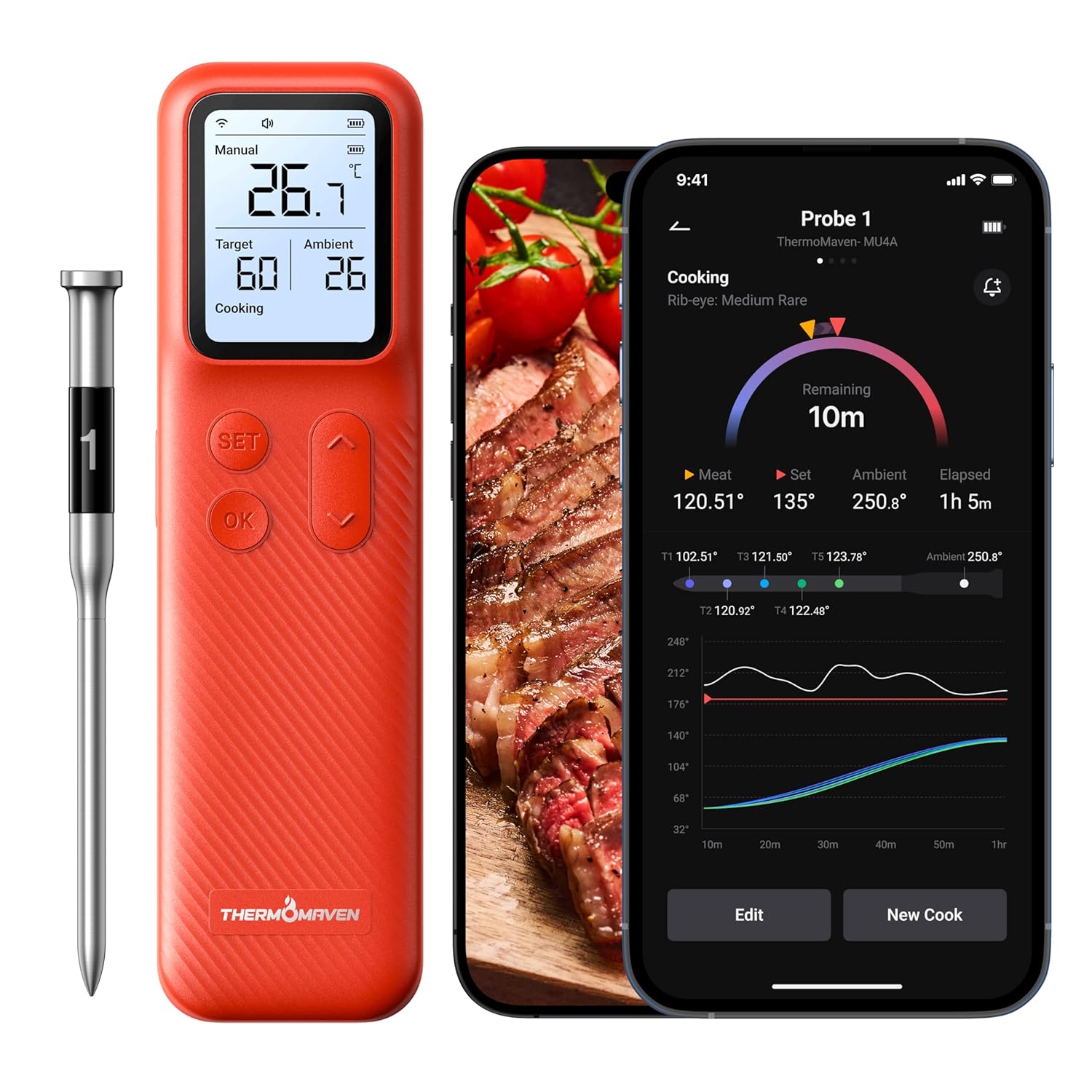 Detalle de ThermoMaven P1 Wireless Meat Thermometer: WiFi, Bluetooth 5.3 and IPX8 Probe