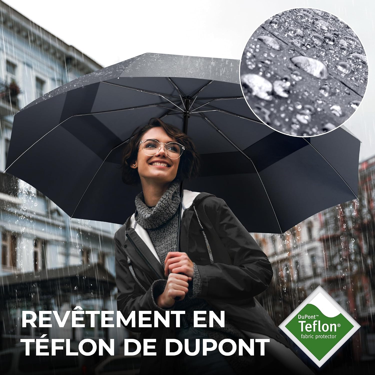 Detalle de Parapluie Pliant Compact Automatique (ouverture/fermeture bouton) noir – Résistant au vent, étanche