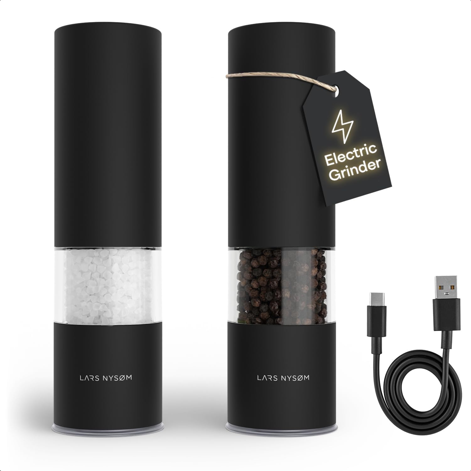 Detalle de LARS NYSØM Salz- und Pfeffermühle Elektrisch 2er aus Edelstahl – USB-C, Keramikmahlwerk, LED-Licht