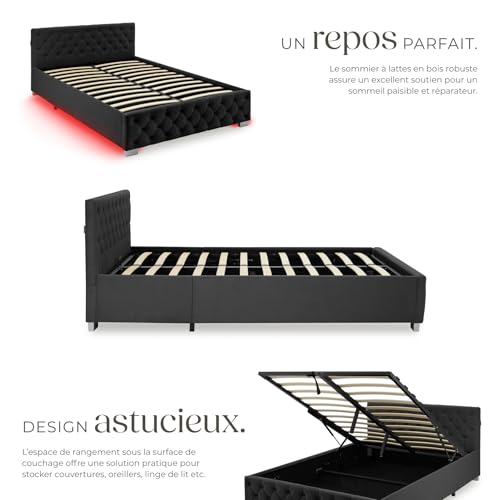 Thumbnail 3 de tectake Lit capitonné 140x200 avec sommier, coffre et éclairage LED – cadre acier époxy, tête de lit design Chesterfield
