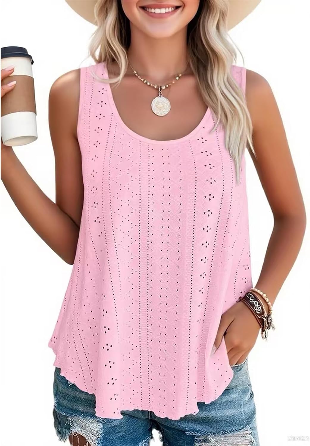 Detalle de SEDEX Women's Loose Fit Tank Top: Sleeveless Spaghetti Straps, Eyelet Embroidery, Round Neck for Summer