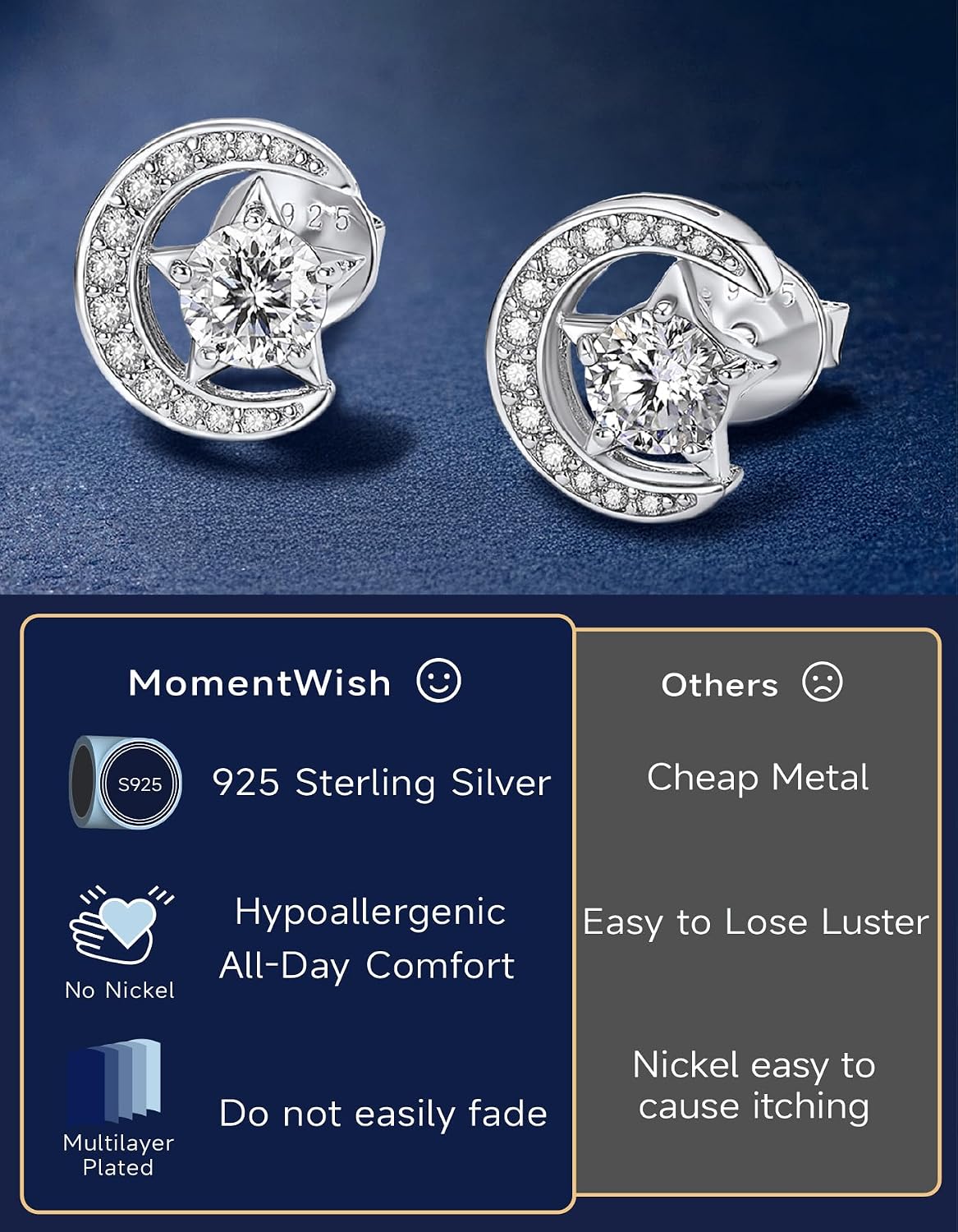 Thumbnail 4 de MomentWish Moissanite Ohrringe aus 925 Silber mit Mond & Stern (Ohrringpaar, Geschenkbox)